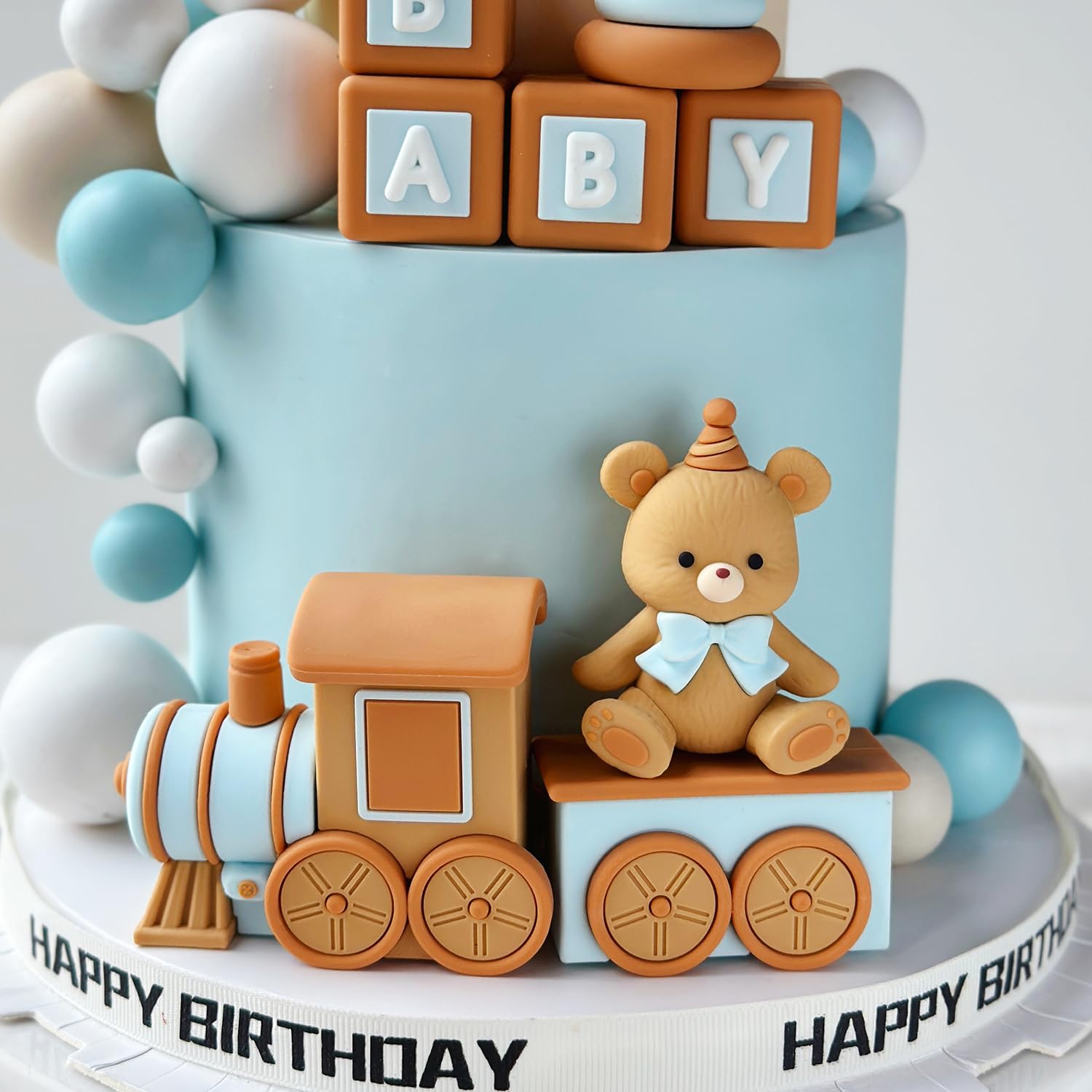 35-Piece Blue and Khaki Bear Theme Birthday Cake Decoration Set - Adorable PVC Accessories for Celebrations