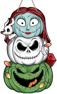Halloween Jack Front Door Sign, Green Monster Jack O Lantern Pumpkin Sally Wood Door Hanger Outdoor Outside Porch Decor, Funny Wooden Wreath Indoor Wall Hanging Decoration