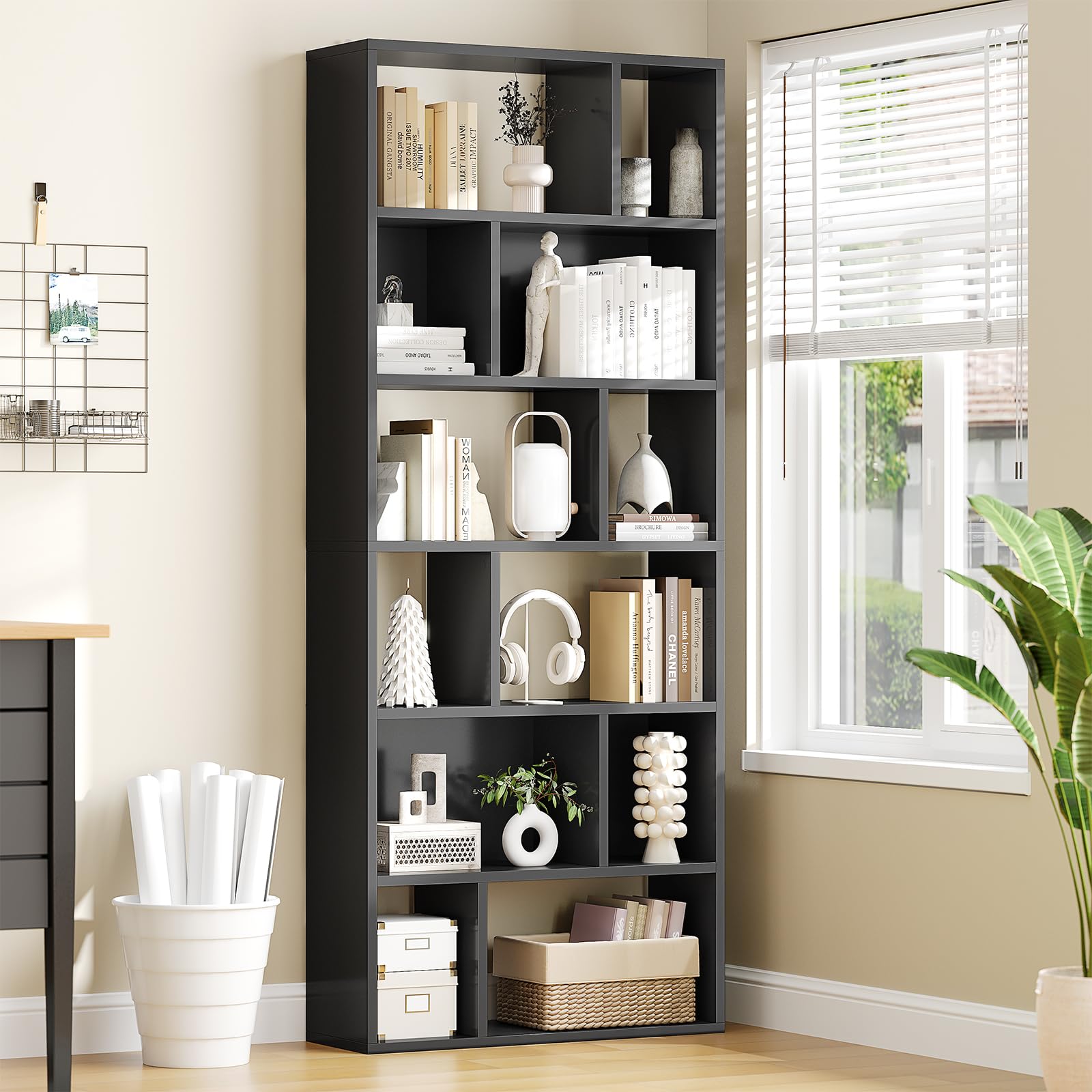 Bibliothèque, Étagère à 6 Niveaux, Cloison Séparateur, Présentoir, Meuble de Rangement avec 12 Compartiments Ouverts pour Salon, Chambre, Bureau, 24 x 60 x 173 cm, Noir