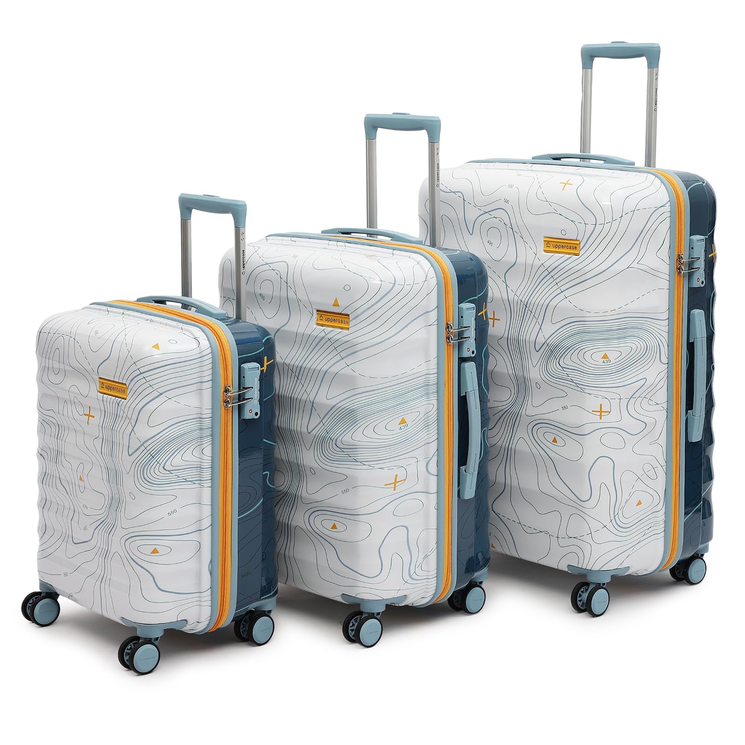 uppercase Topo Set of 3 (S+M+L) Hardsided Trolley Bag 8 Spinner Wheel Sustainable Luggage with TSA Lock & Anti-Theft Zippers Men & Women 2000 Days Warranty Dual Tone (White & Blue)