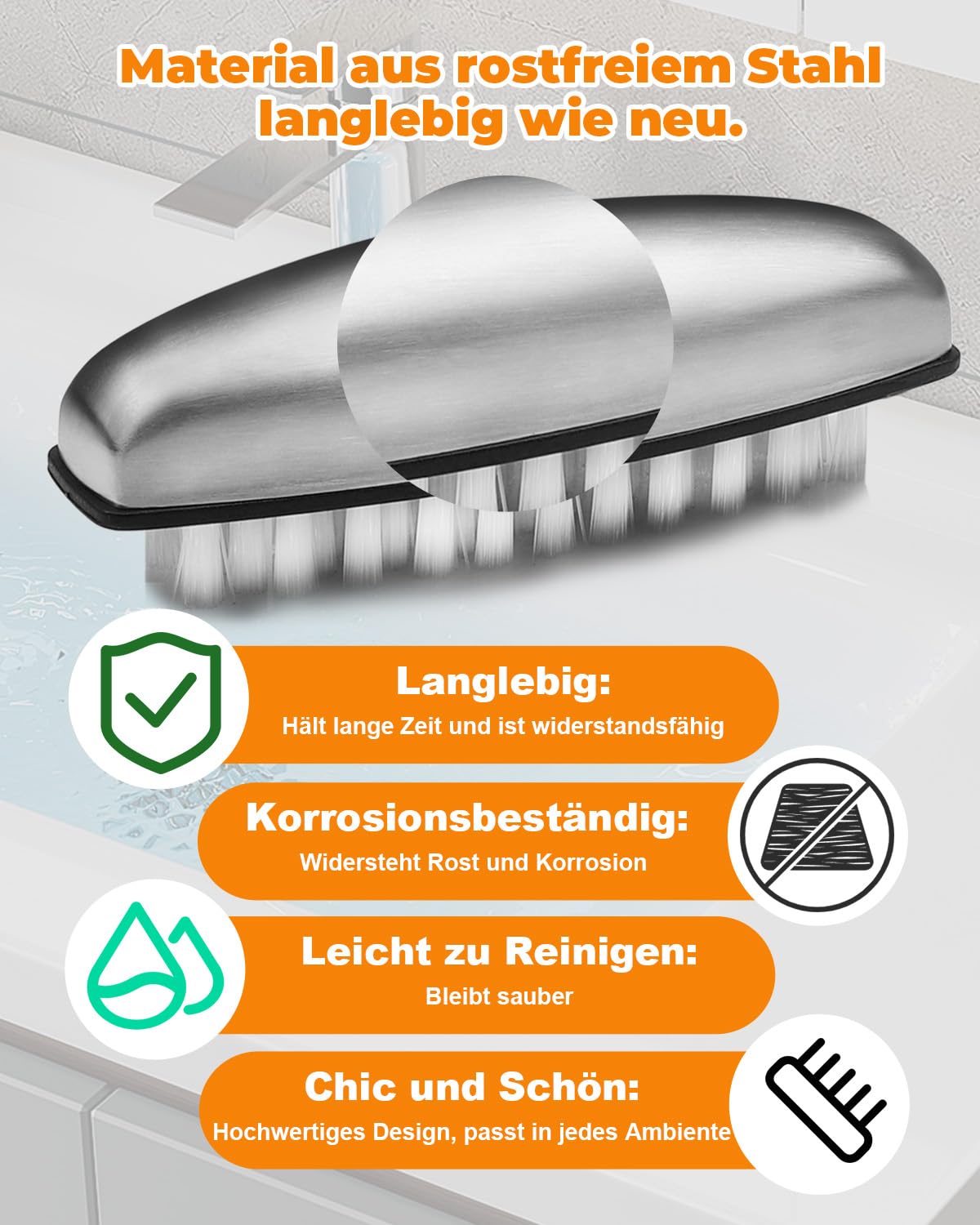 UCEC 4 x spazzole per unghie, in acciaio inox, spazzola per il lavaggio a mano, spazzola per unghie, setole dure e morbide, spazzola per unghie, efficace eliminazione degli odori, spazzola a mano per
