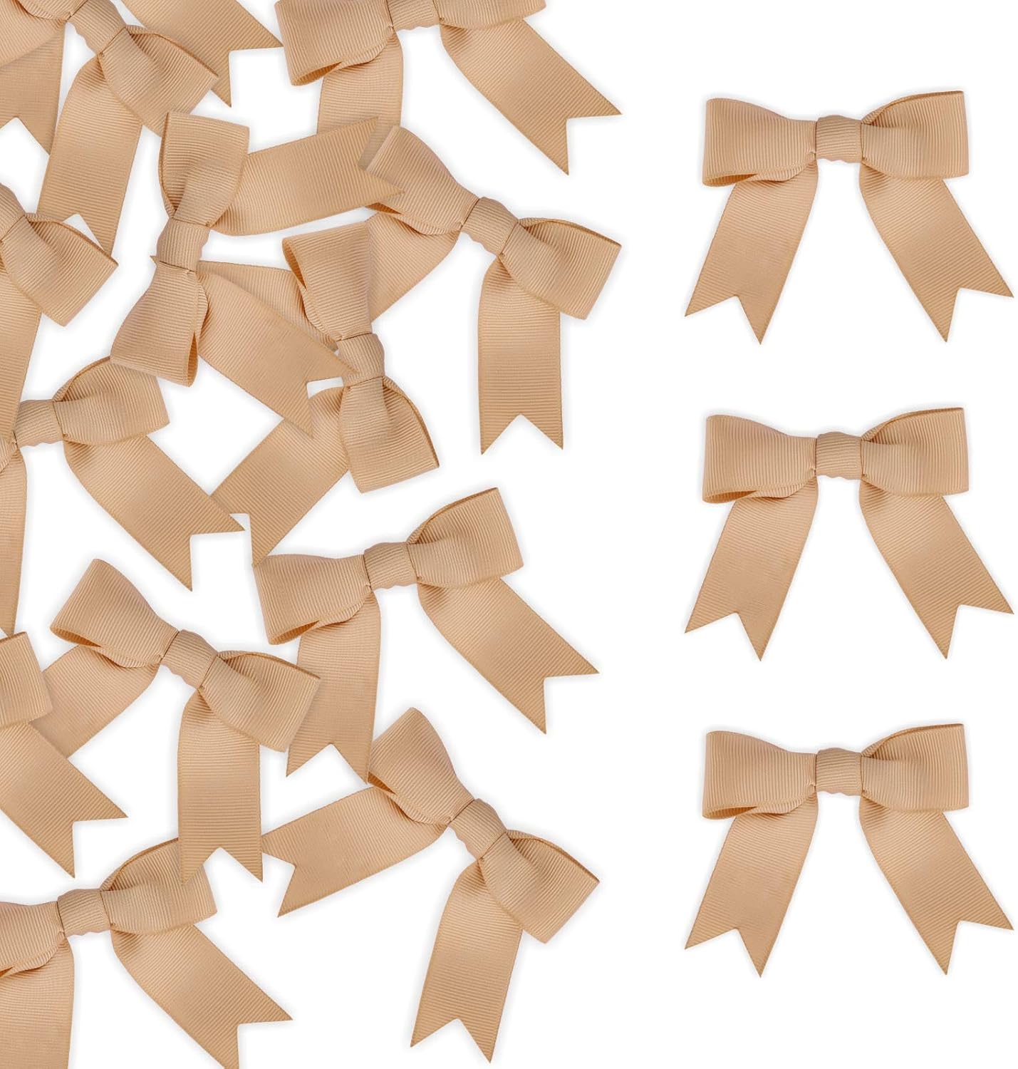 50 Pcs 2.5 Inches Twist Tie Grosgrain Ribbon Bows Tan Pretied Premade Craft Bows for Treat Bags Gift Wrapping Basket Wedding Baby Shower Brithday Christmas Party (2.5", Tan)