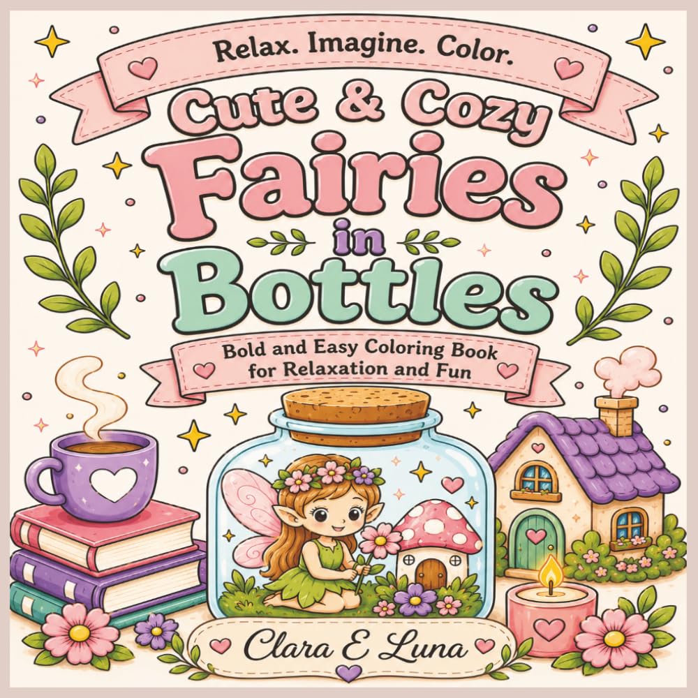 Cute and Cozy Fairies in bottles: Bold and Easy Coloring Book for Relaxation and Fun