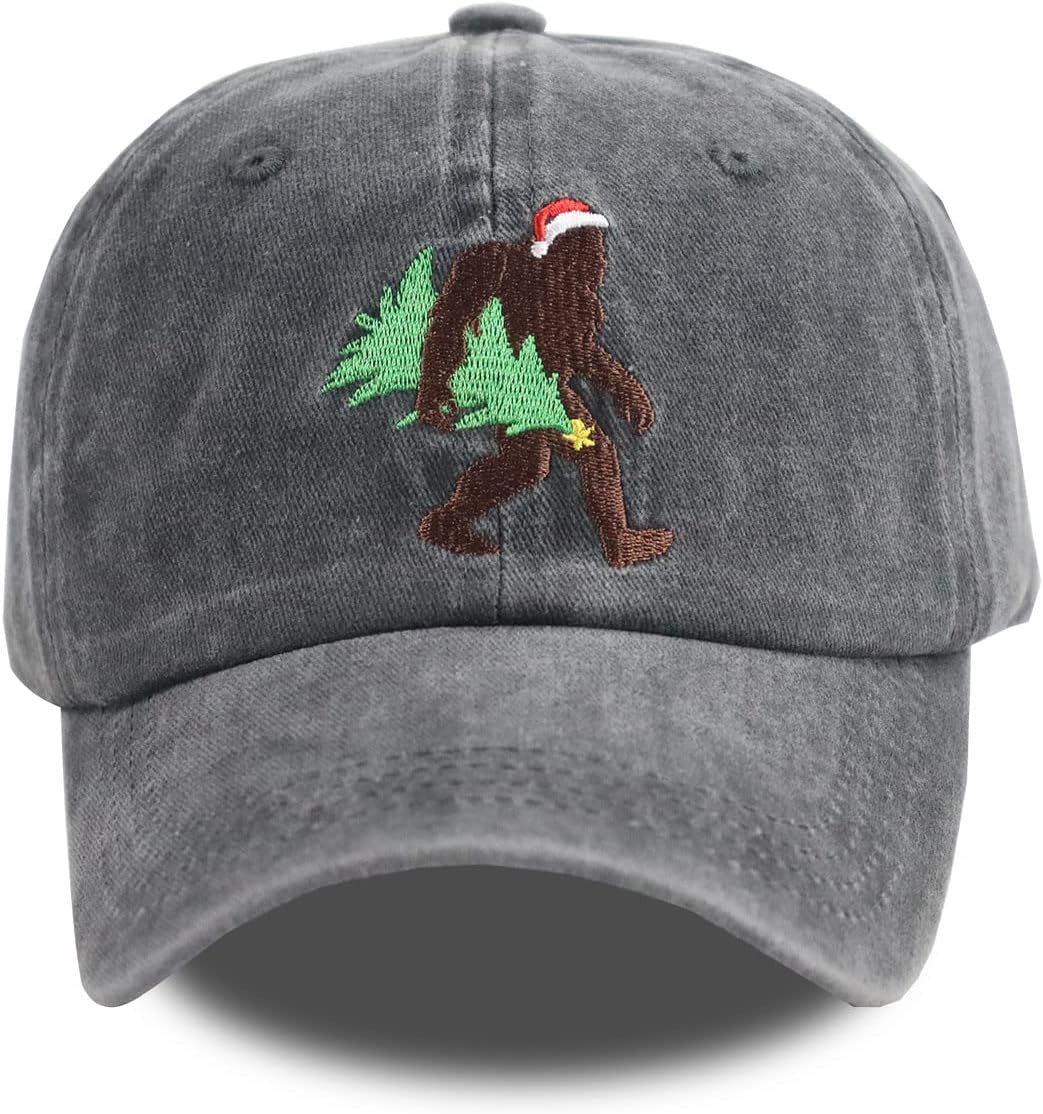 KKMKSHHG Christmas Santa Hat for Men and Women, Vintage Funny Christmas Bigfoot Distressed Adjustable Embroidered Baseball Cap (Christmas Bigfoot)