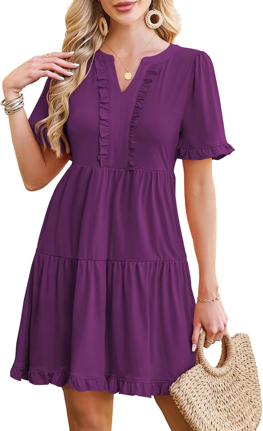 Naggoo Women's Summer Dresses Casual V Neck Short Sleeve A Line Tiered Ruffle Swing Mini Beach Dress with Pockets