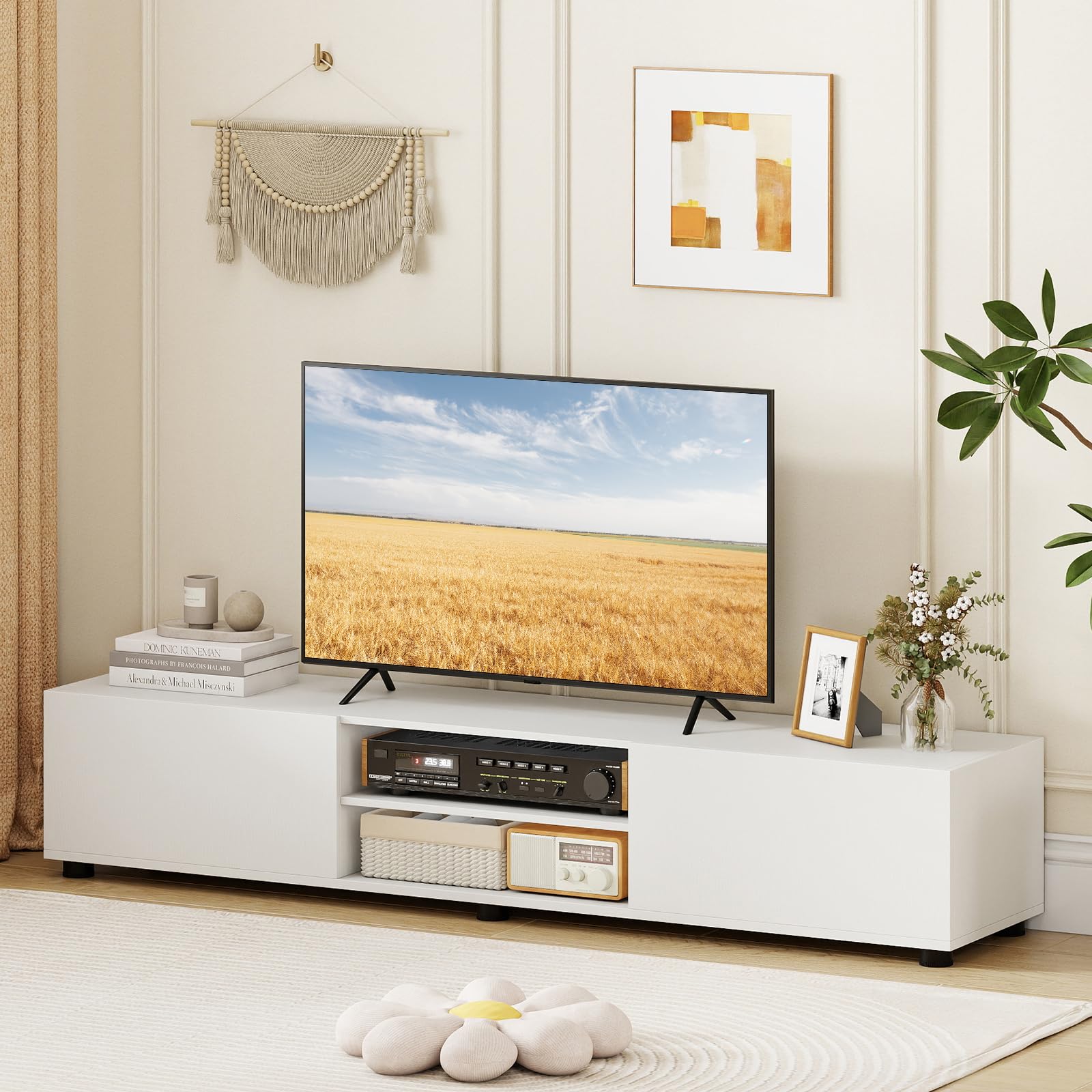 COSTWAY Mueble para TV de hasta 70 Pulgadas, 160x35x30 cm (Blanco) | Mesa de TV con Estantes Abiertos, Compartimentos, Puertas y 6 Patas de Apoyo,Centros Multimedia, Mueble Television para Salón