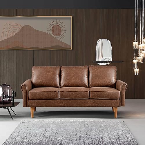 XIZZI Mid-Century Modern Sofa 3-Seat Couch with Rolled Arm and Wood Grain Legs for Living Room,74" W Dark Brown