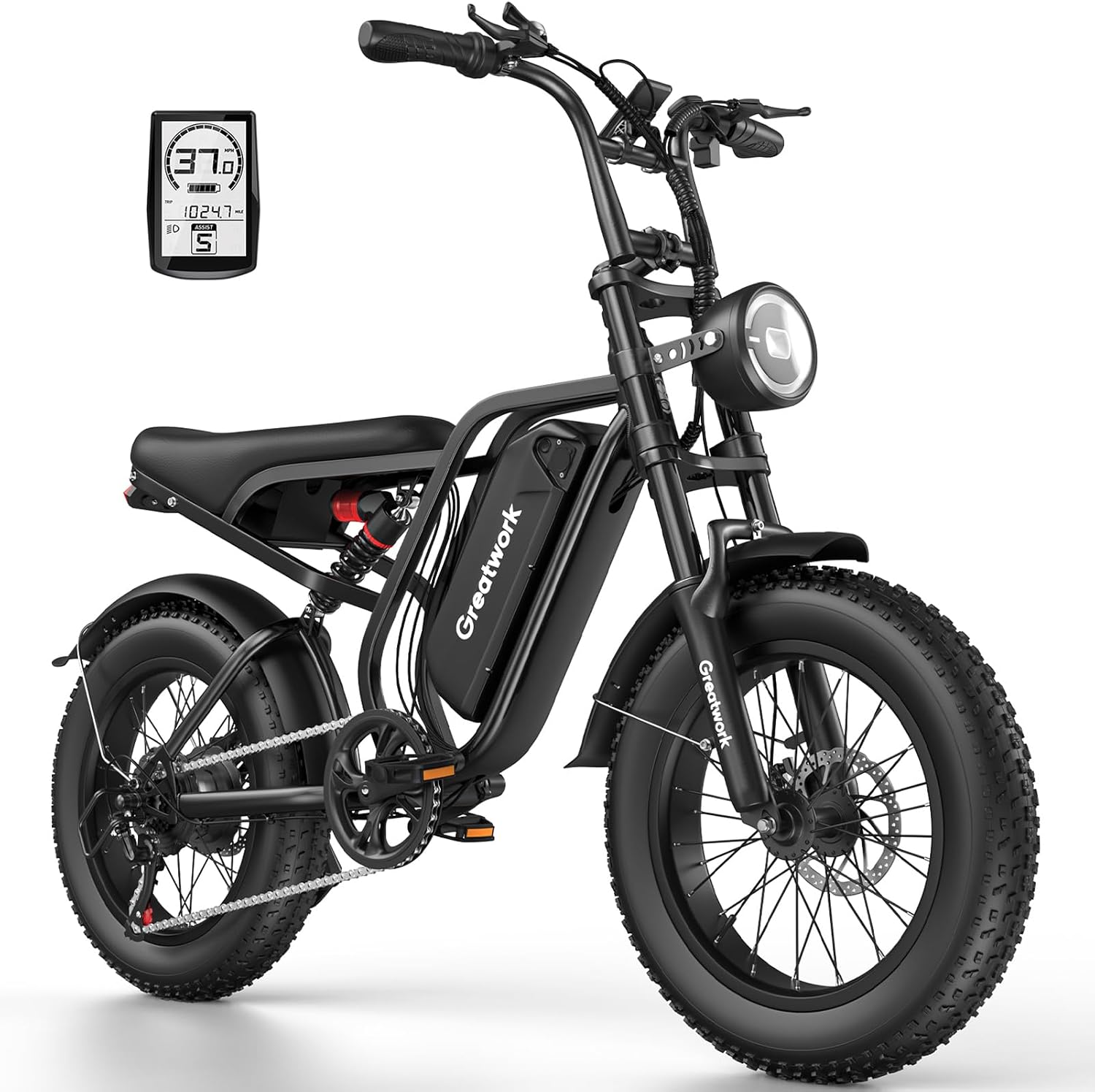 GREAT WORK 2500W Peak Electric Bike for Adults, 48V 960Wh Battery, 37MPH Top Speed, 100 Miles Max Range, 20" x4.0 Motorcycle Style Electric Dirt Bike, 7-Speed Commuter E-Bike with Full Suspension
