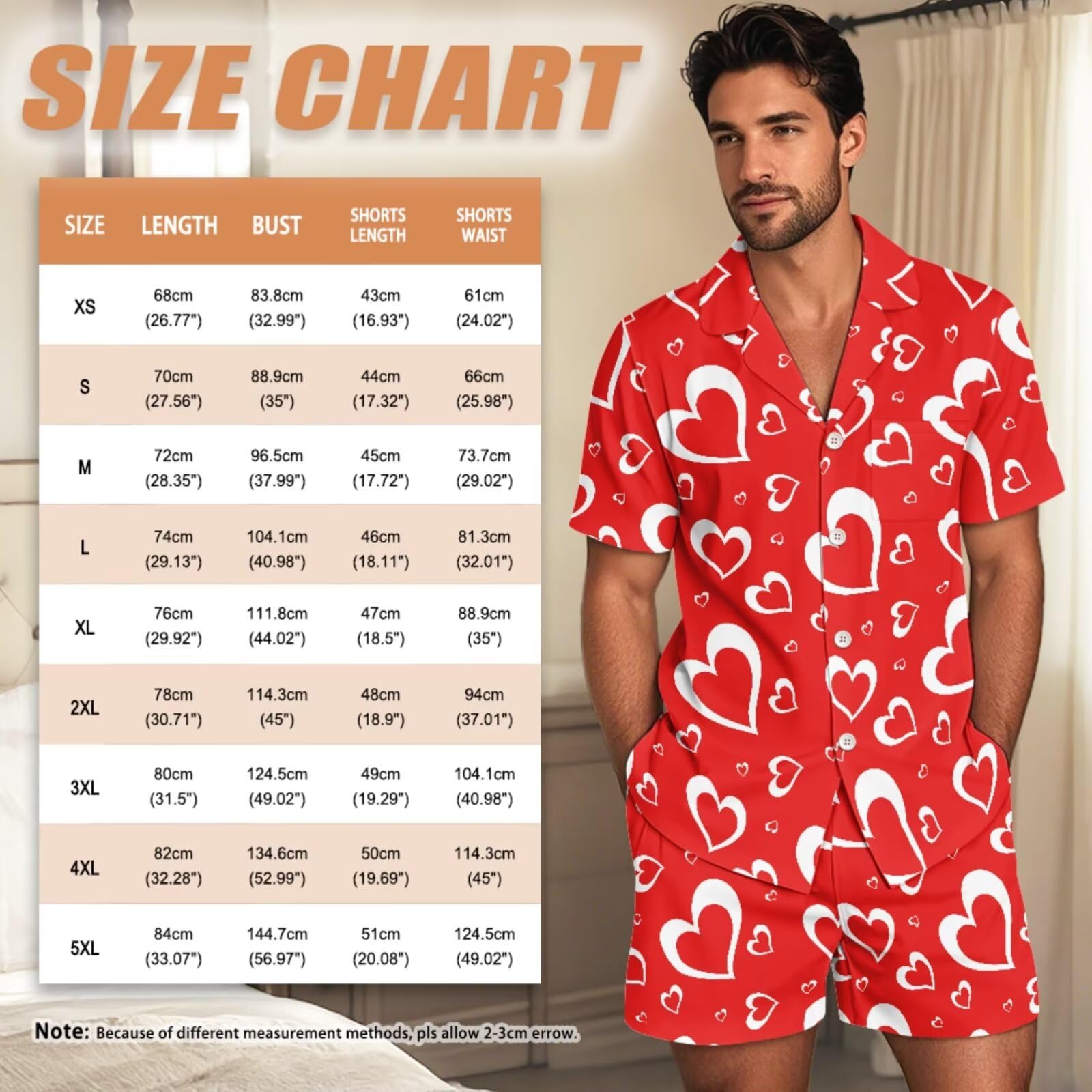 Conjunto de pijama a juego para parejas, de manga corta, con botones, ropa de dormir, Corazones rojos, 4XL