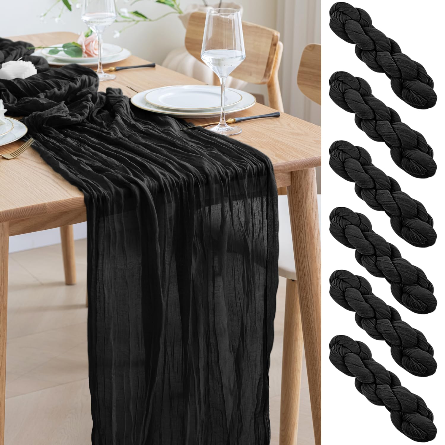 Asee'm 6pcs Cheesecloth Table Runner 120 Inches Long Black Boho Gauze Cheese Cloth Runner 10FT Rustic Sheer Table Runners for Christmas Wedding Party