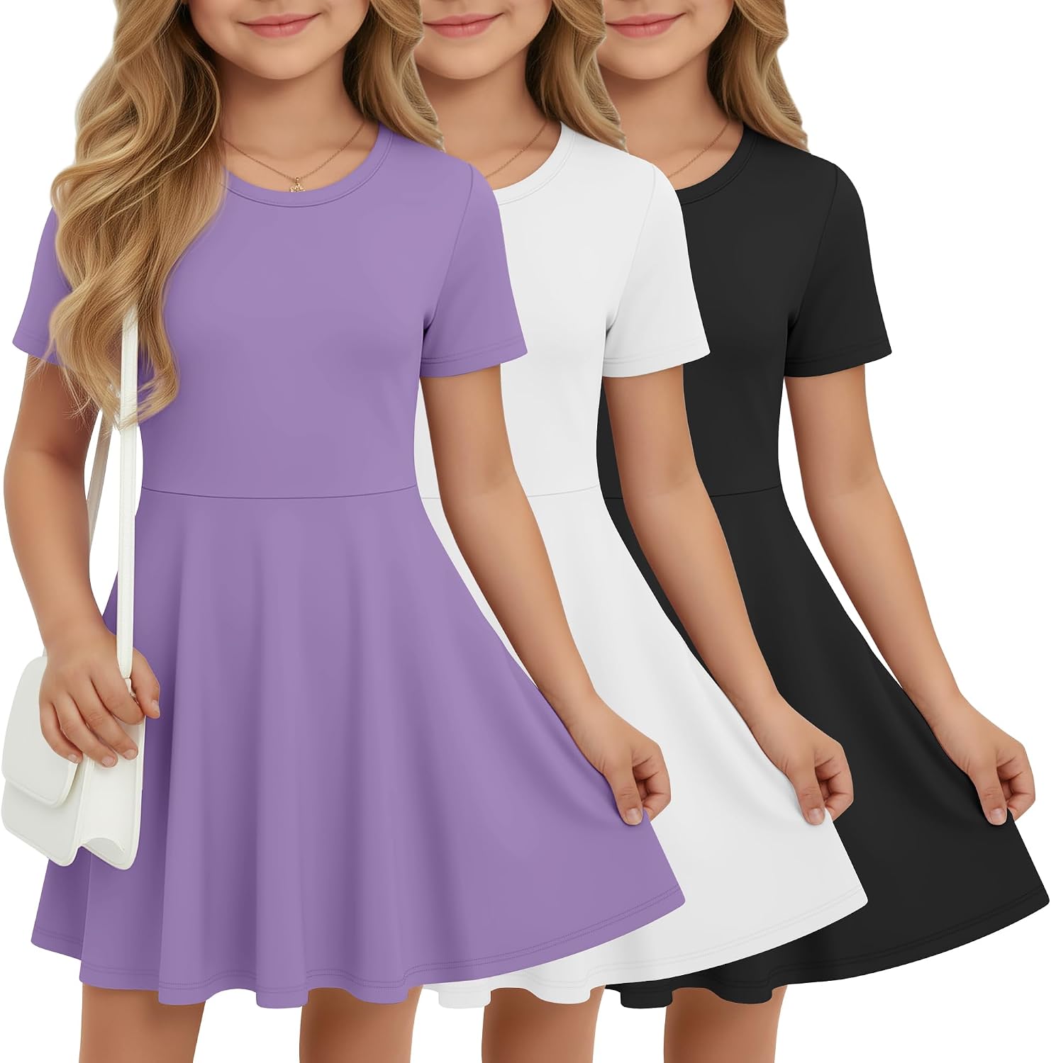 Halfchet 3 Pack Girls Dress Short Sleeve Swing Skater Twirl Crewneck Summer A Line Flared Kids Basic Dresses for 5-14 Years