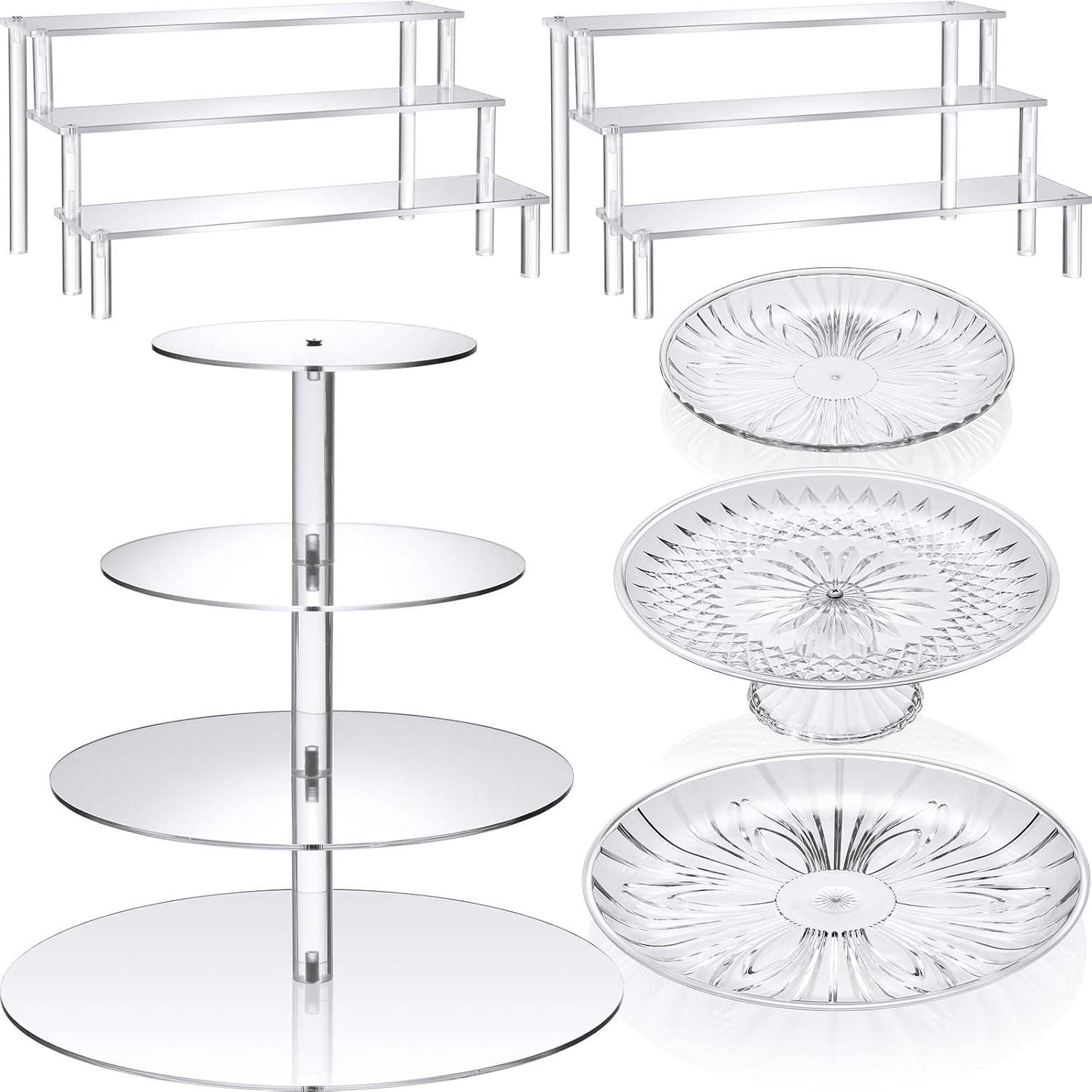 6 Pcs Acrylic Cake Stands Set Include 2 Display Risers 1 Pcs 4 Tier Cupcake Tower and 3 Clear Round Dessert Trays Cake Table Holder for Wedding Baby Shower Decoration(Novel Style)
