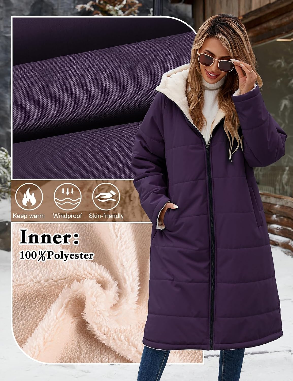 Yusongirl Women's Reversible Long Winter Puffer Coat with Hood and Fleece