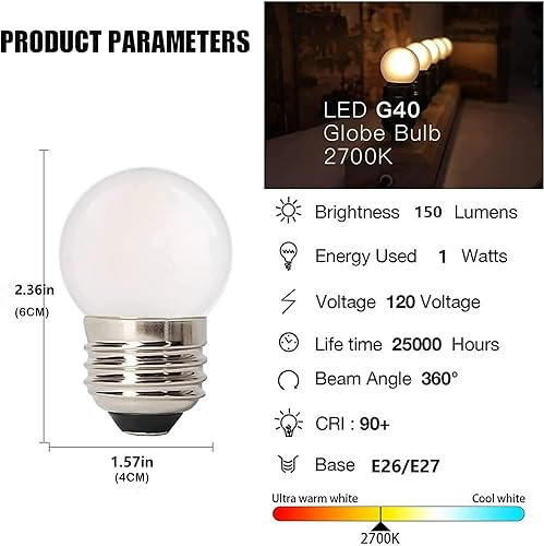 Miniatura 2 de Bombillas LED G40 de 1.5 W, blanco suave, 2700 K, CRI95 regulable 450 lm, base E26 G25, acabado de vidrio lechoso, perfecto para espejo de