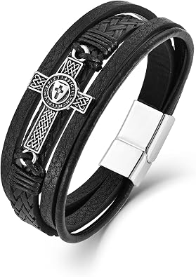 Mens Leather Cross Bracelet Vintage Celtic Knot Shield Stainless Steel Design Christian Religious Faith Crusader Warrior Multi-Layer Braided Cuff Bangle with Clasp