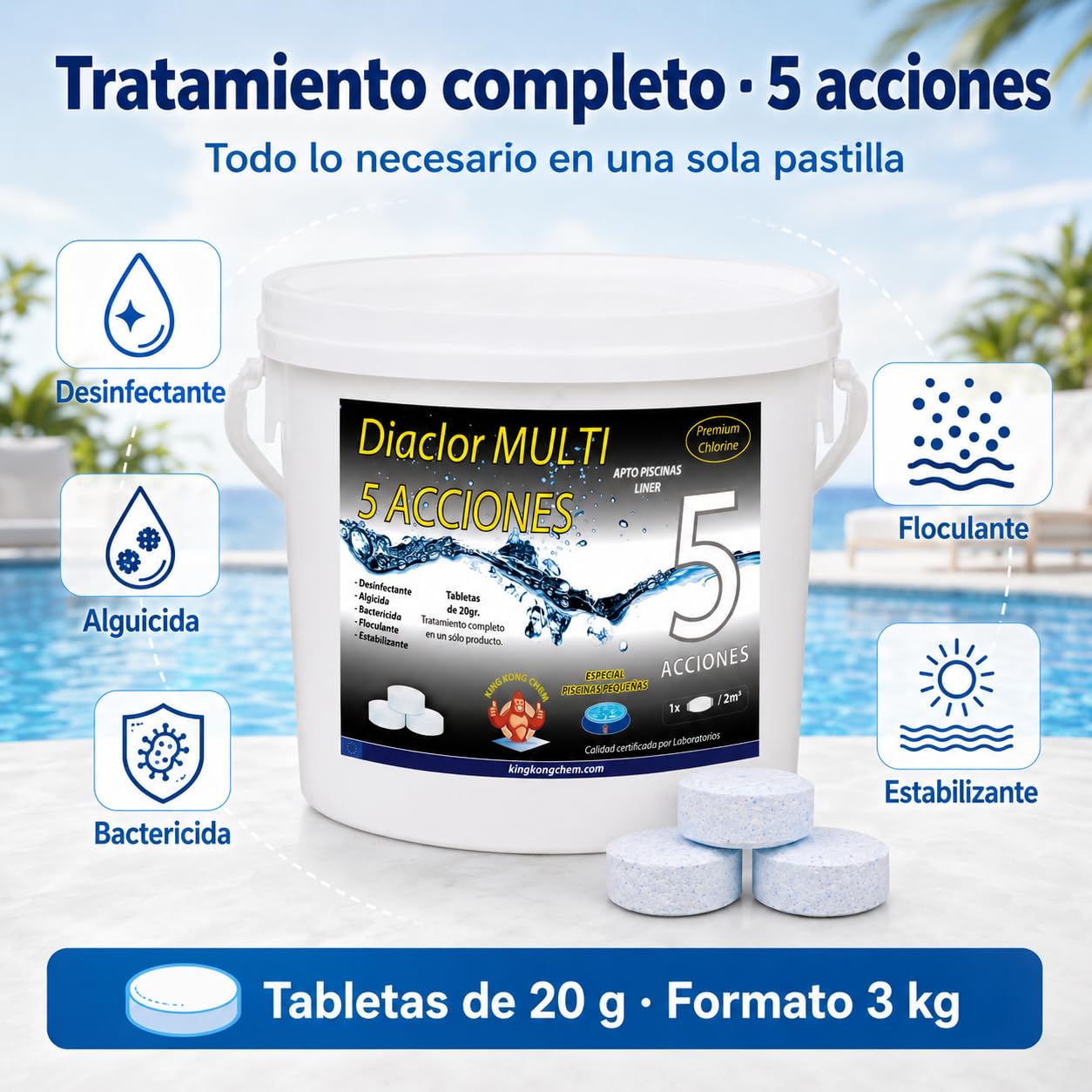 Cloro Piscinas Pequeñas DIACLOR Multi 5 ACCIONES 3 KG - Pastillas de Cloro Lento (20 gr- 3 cm Diámetro) - Tratamiento Completo Multiacción - SIN Cobre -