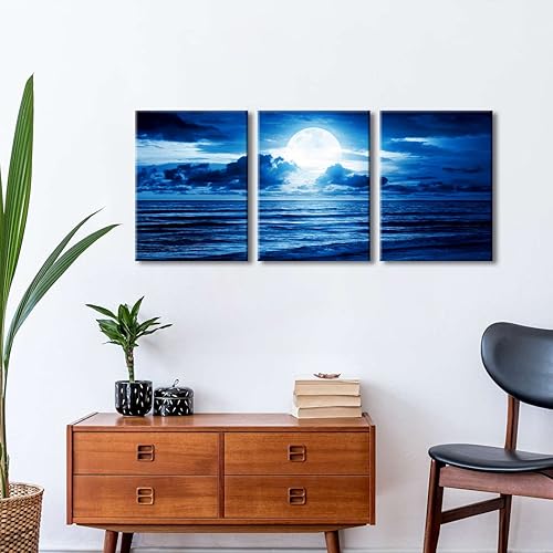 Miniatura 2 de Pyradecor Moderno 3 paneles de nubes azules, paisaje, lienzo, arte de pared, luna, mar, playa, cuadros, obras de arte para sala de estar,