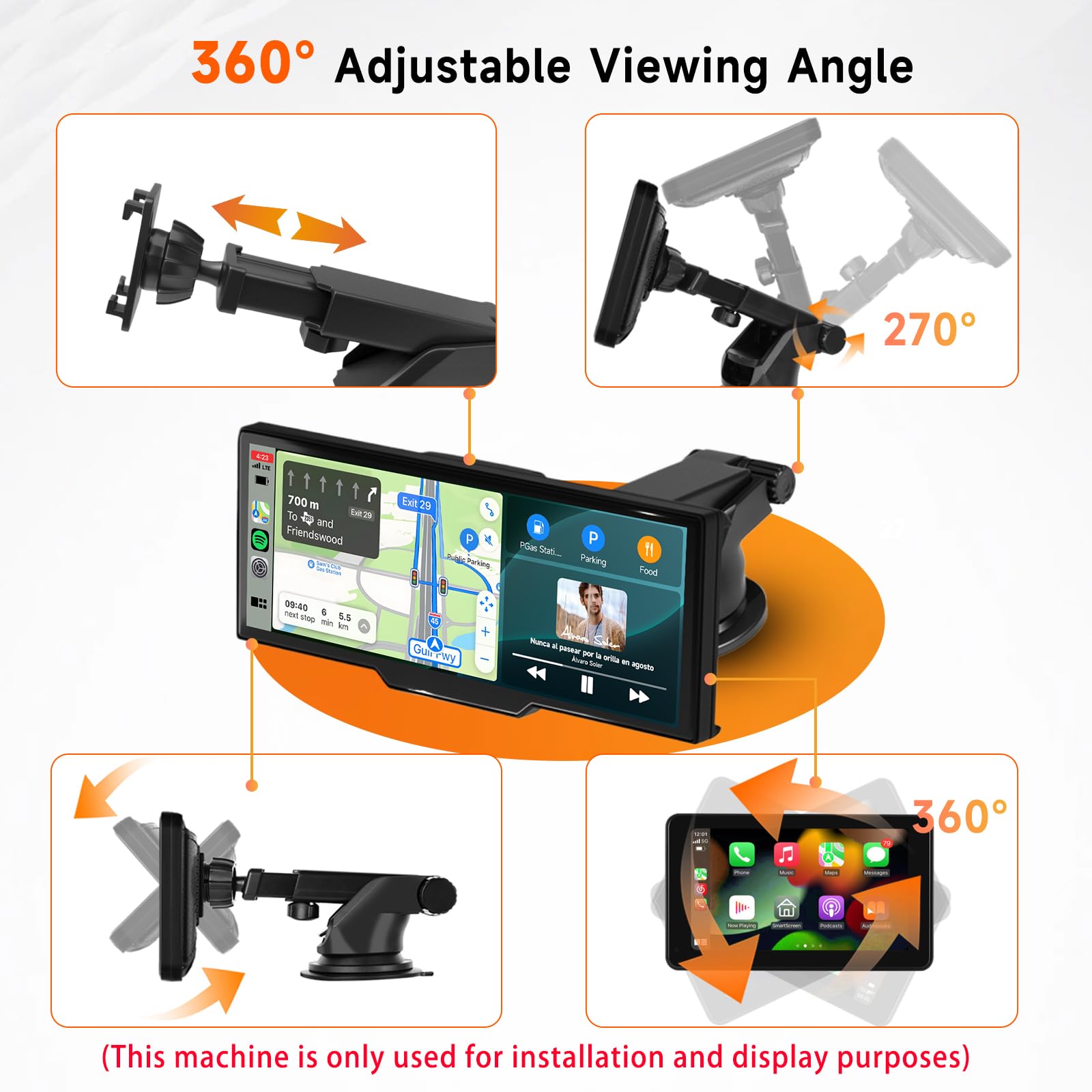Hodozzy Supporto per Schermo Auto con Rotazione a 360°per Autoradio Carplay Portatile, Supporto Verticale per Navigatore GPS Support0 Ventosa da Cruscotto per Auto Staffa Portatile
