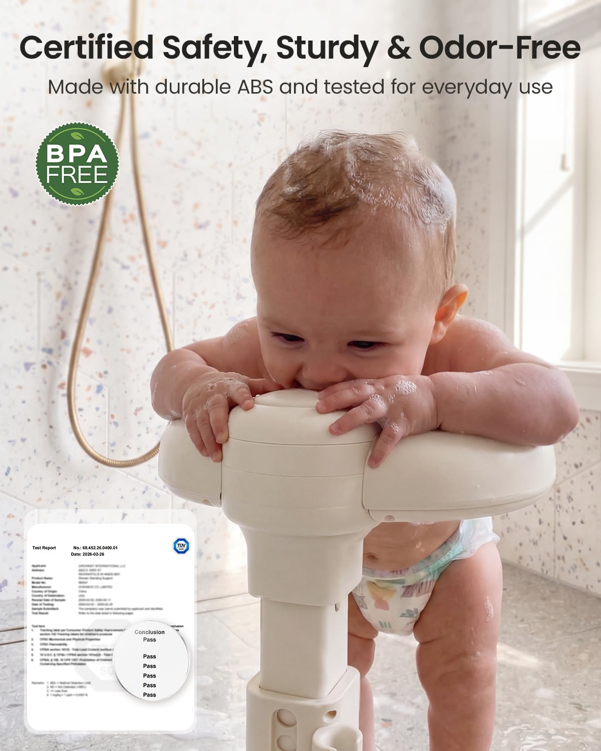 GROWNSY Support de bain et support de douche pliable pour bébé de 6 mois et plus | 8 réglages de hauteur et accoudoirs arrondis réglables, coussinets antidérapants, support de douche intégré, matériau ABS