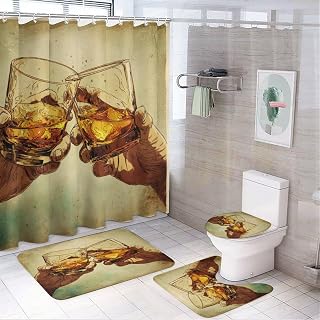 4 Pcs Funny Hands Glasses Shower Curtain Set with Rugs, Toilet Lid Cover and Bath Mat, Yellow Ice Whiskey Bathroom Decor Accessories Set, 72" X 72"