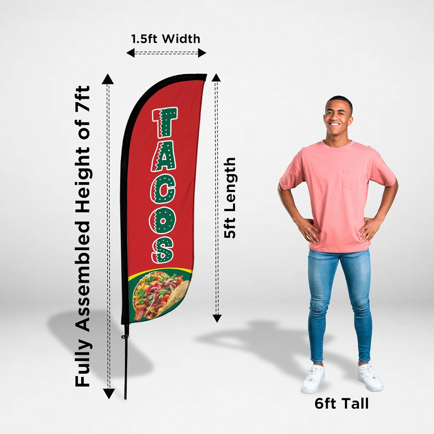 LookOurWay Mexican Food Themed Feather Flag Pole Kit 3 Pack - 5 Feet Tall Tacos & Burritos Advertising Flags with 3 Banners, 3 Pole Sets, and 3 Ground Spikes (Tacos, Burritos, Mexican Food) - Image 4