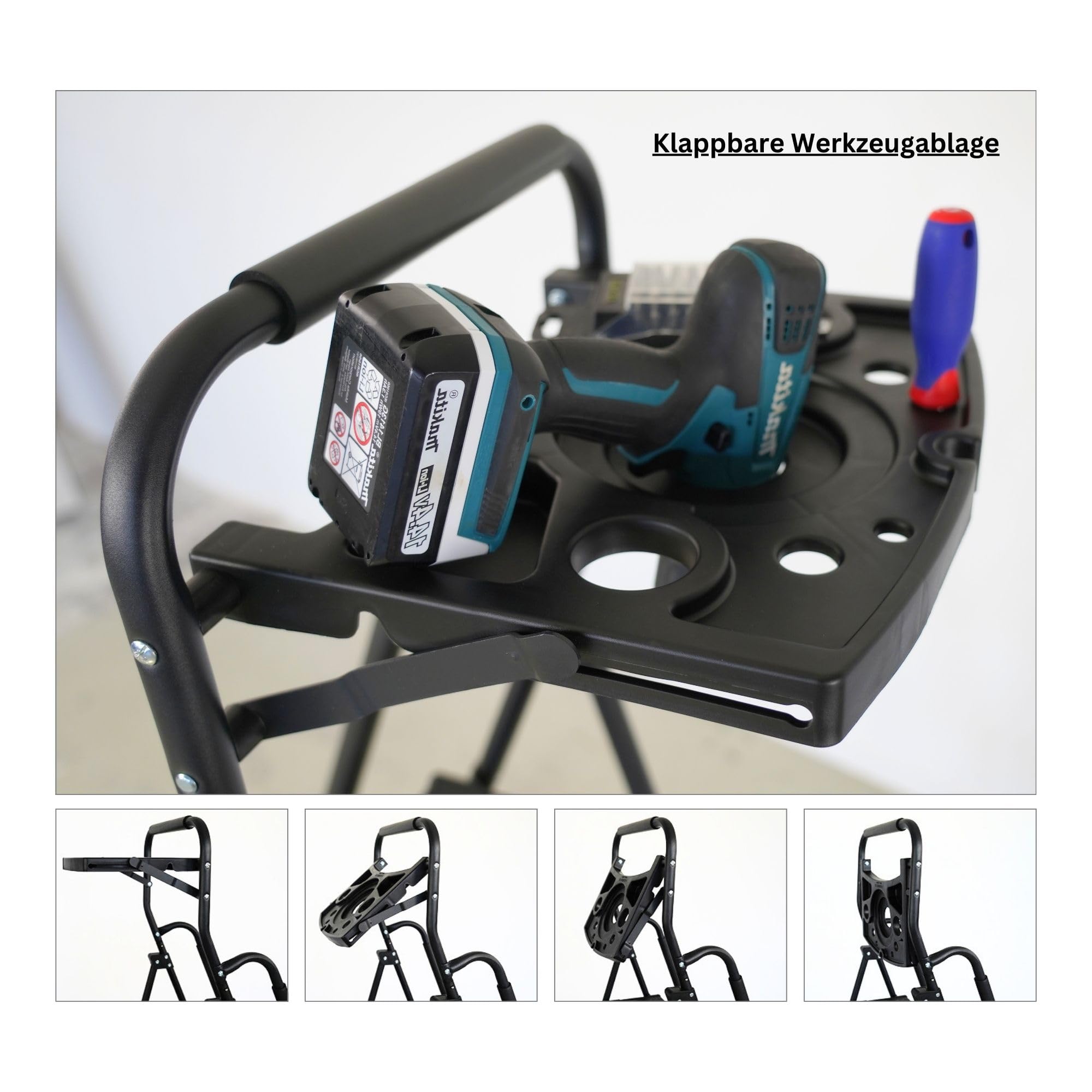 PROREGAL Profi-Escabeau pliant avec certification TÜV/GS, avec arceau manuel et plateau à outils 4 marches avec surface striée HxLxP 160x51x87cm Capacité de charge 150kg Acier Noir, Marche Pied Pliant