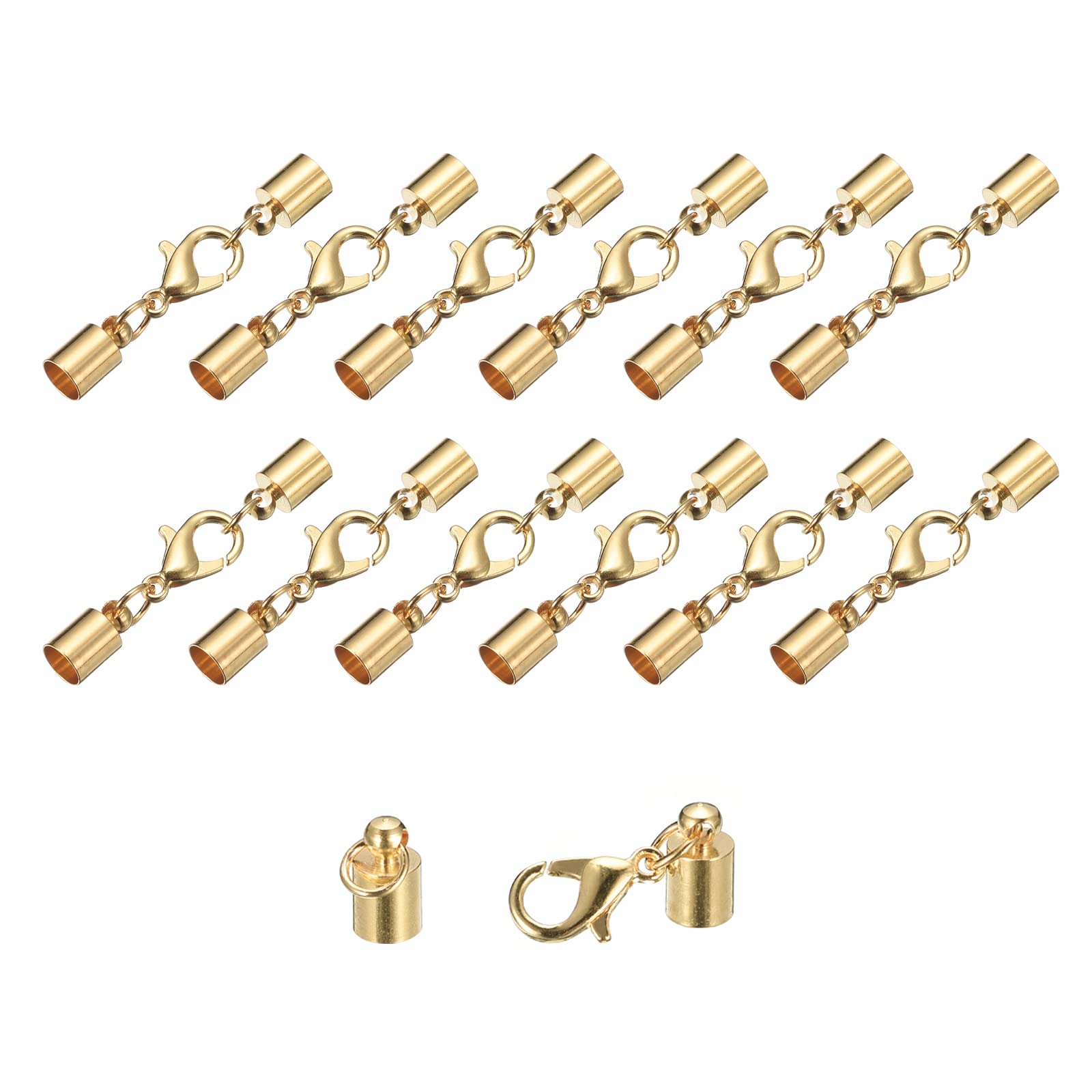 sourcing map 20Sets Leather Cord End Caps with Lobster Claw Clasps Fit 4.5mm Cords, Barrel Terminators for DIY Making Leather Bracelets, Light Golden