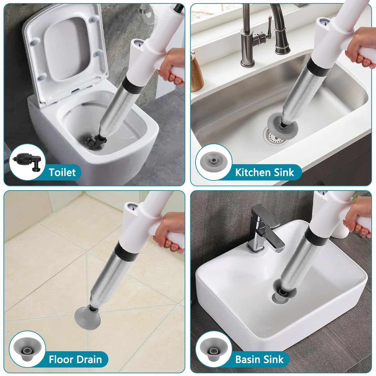 Desatascador de inodoro, herramienta de desatascador de inodoro, pistola de drenaje de aire de alta presión con barómetro visual, desatascador para baño, cocina, bañera, inodoro, desagüe de