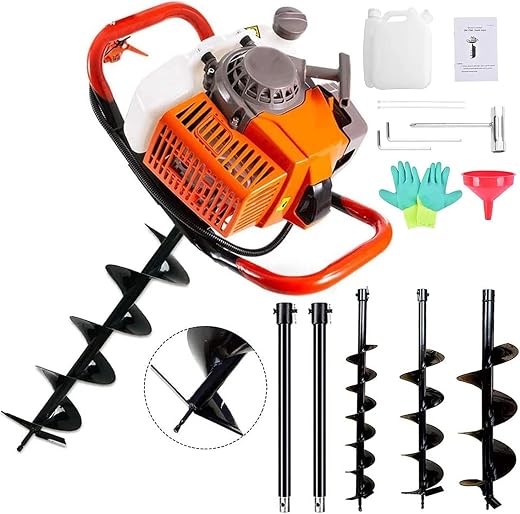 PRIJESSE 72cc Post Hole Digger 2-Stroke Petrol Gas Powered Earth Digger with 2 Extension Rods + 3 Auger Drill Bits (4" 8"...