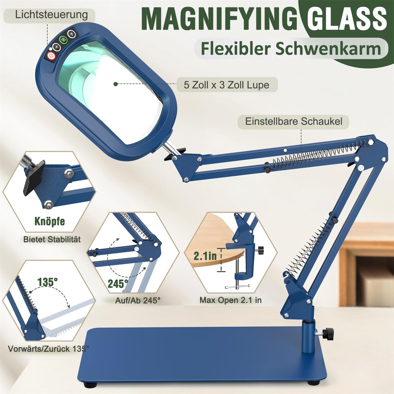 Veemagni Lupa Rectangular 12X con luz y Soporte, 5 Modos de Color Regulable sin Niveles, lámpara de Escritorio 2 en 1 con iluminación LED y Abrazadera, Manos Libres, Lupa de Lectura para Leer