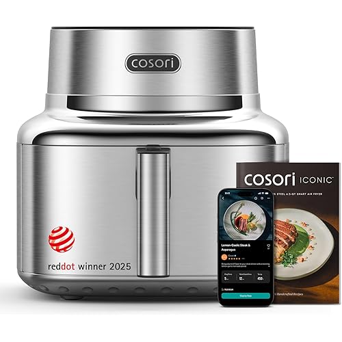 Cosori Iconic Stainless Steel 6.5 Qt Smart Air Fryer, PFAS-Free Ceramic Coating, Max 450°F, Consistent Cooking, Air Fry, Roast, Bake, Dry, Proof, Reheat, Dishwasher-Safe Basket, Chef-Crafted Recipes