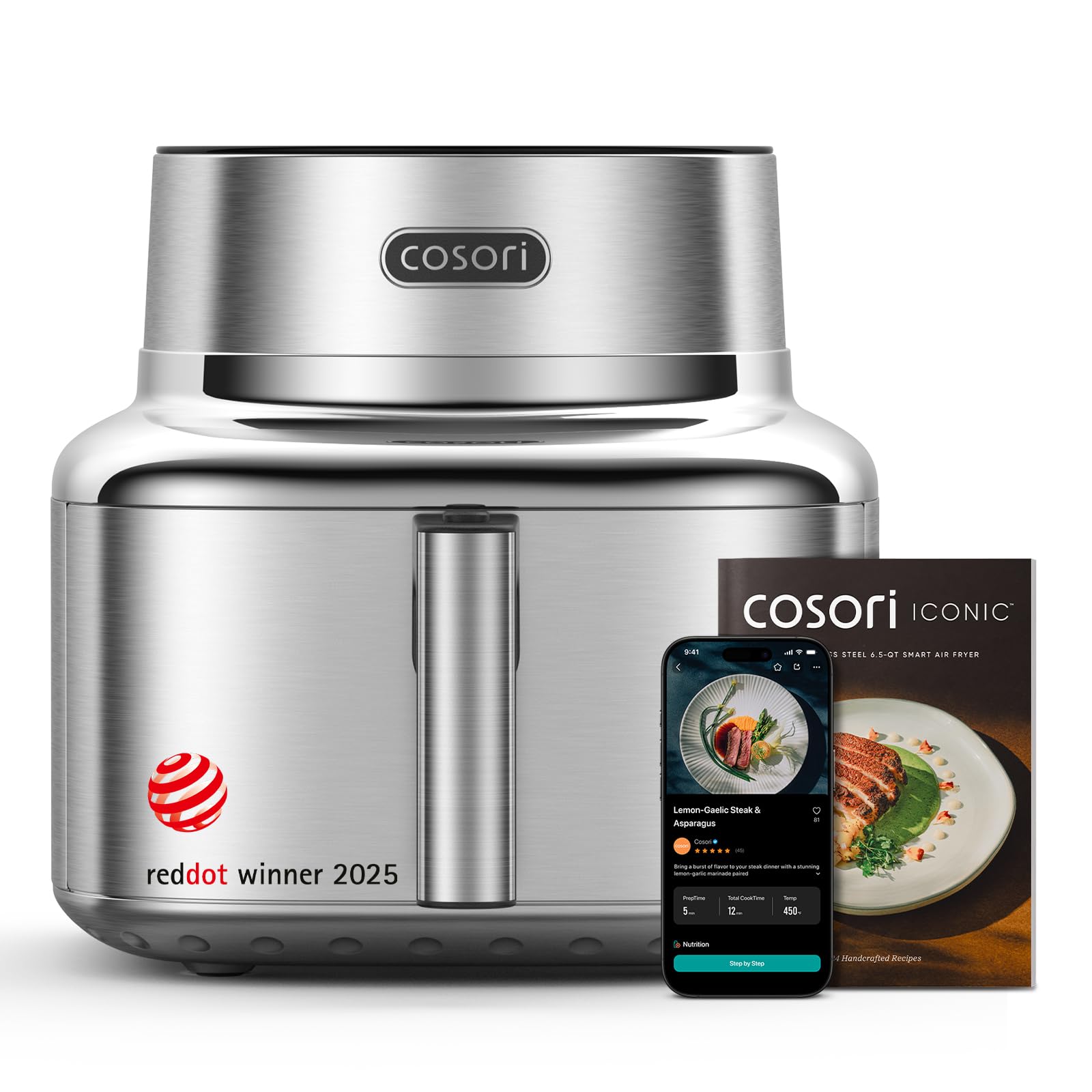 Cosori Iconic Stainless Steel 6.5 Qt Smart Air Fryer, PFAS-Free Ceramic Coating, Max 450°F, Consistent Cooking, Air Fry, Roast, Bake, Dry, Proof, Reheat, Dishwasher-Safe Basket, Chef-Crafted Recipes Stainless Steel 6.5QT Air fryer
