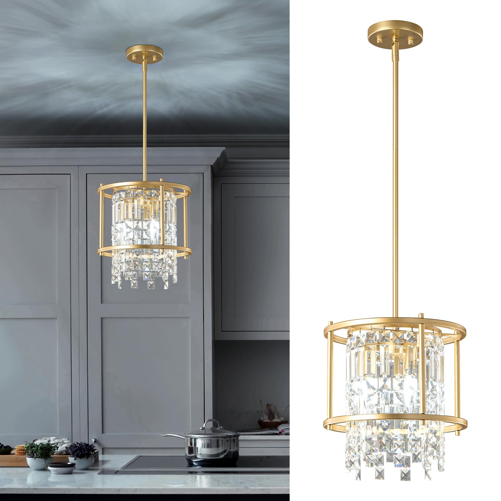 Moderna Cucina Illuminazione Industriale Farmhouse Lampada A Sospensione Metallo Oro Cristallo Lampada A Sospensione Utilizzata per Ingresso Camera da letto Balcone Cucina Isola (Ruota 1-Luce)