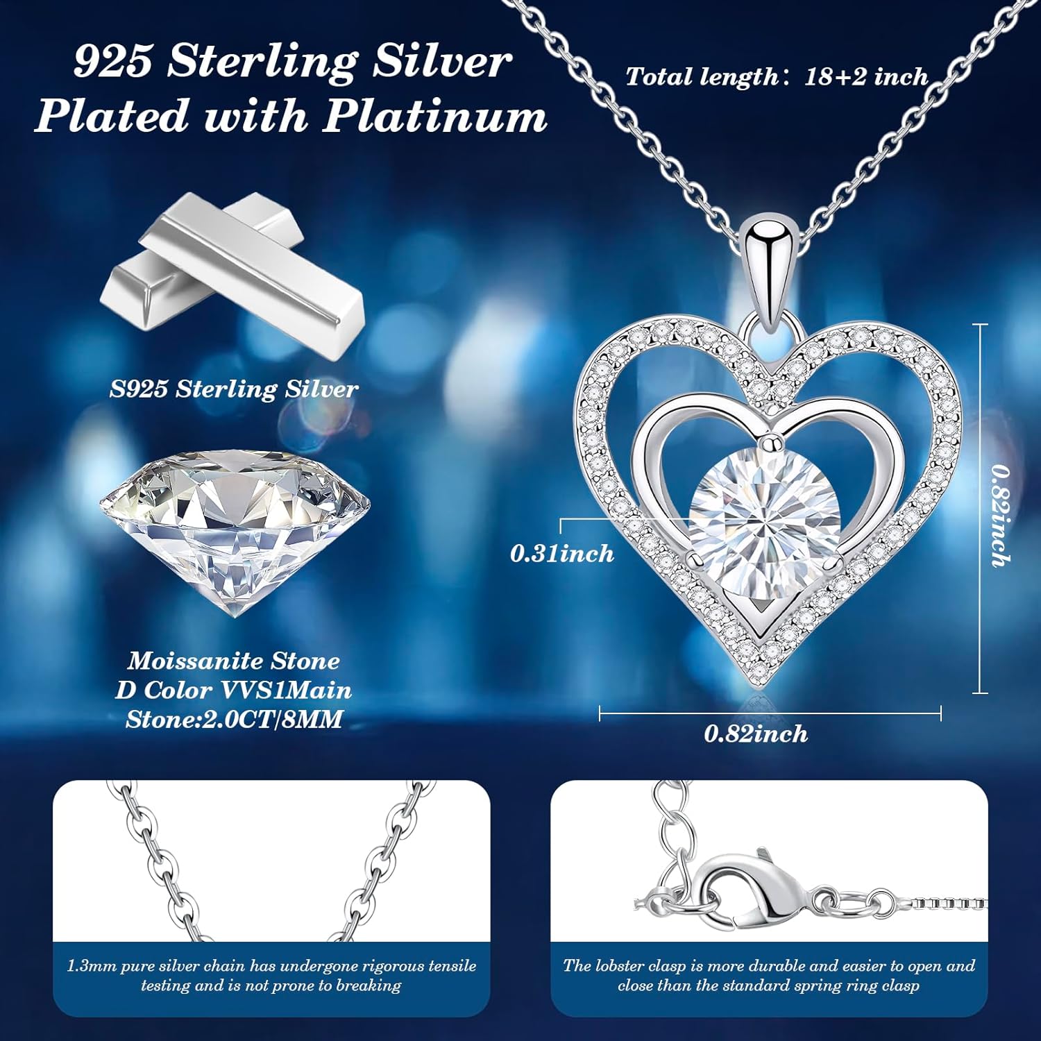 Jewelry Gifts for Women, Moissanite Heart Necklace 1-2Carat - Birthday Gift for Wife, Anniversary Necklace for Women, Christmas Valentine's Day Mother's Day Fine Jewelry Romantic Gifts for Her - Image 2