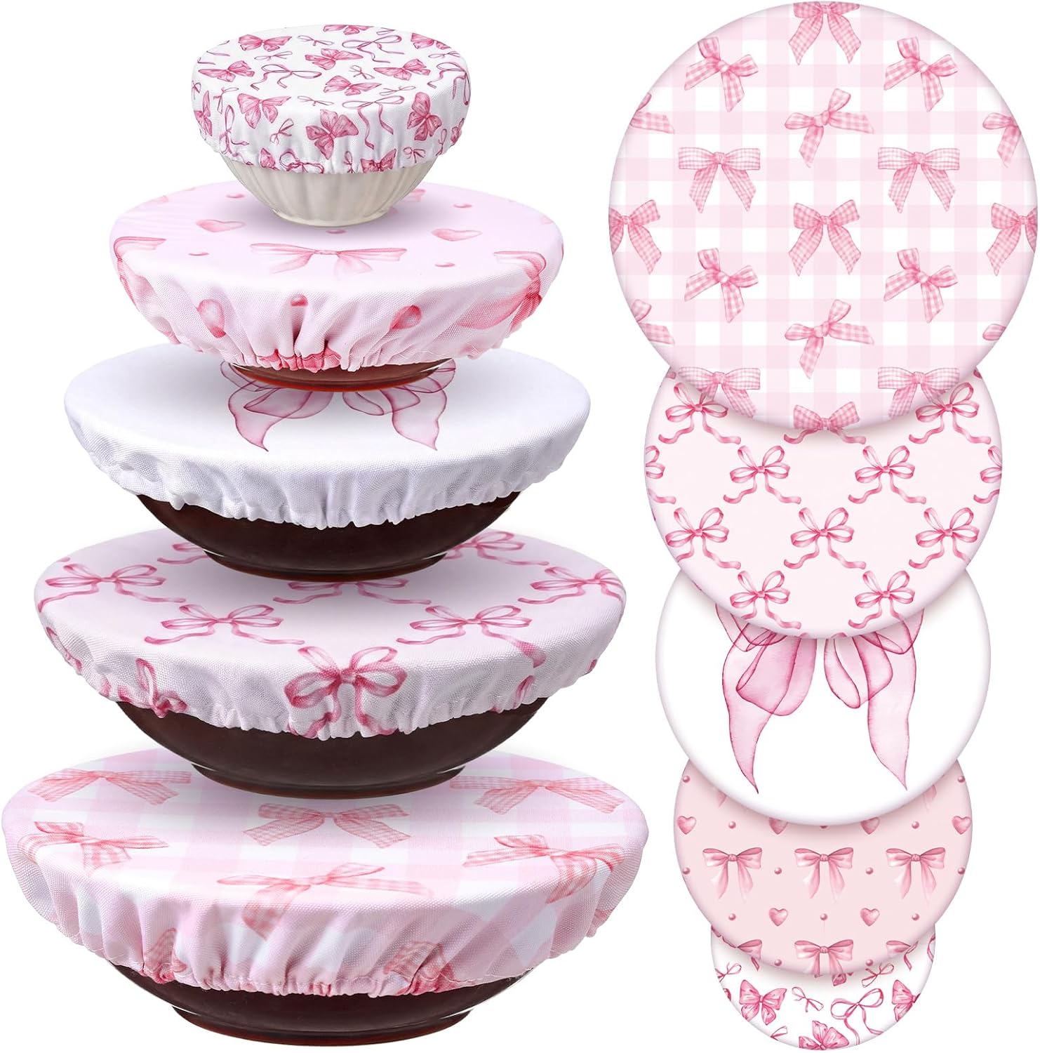 Honeydak 10 Pcs Reusable Pink Bows Bowl Covers in 5 Size Coquette Birthday Decorations Stretch Cloth Fabric Elastic Food Storage Bowl Covers Bread Sourdough Lids for Proofing Food Fruits Leftover