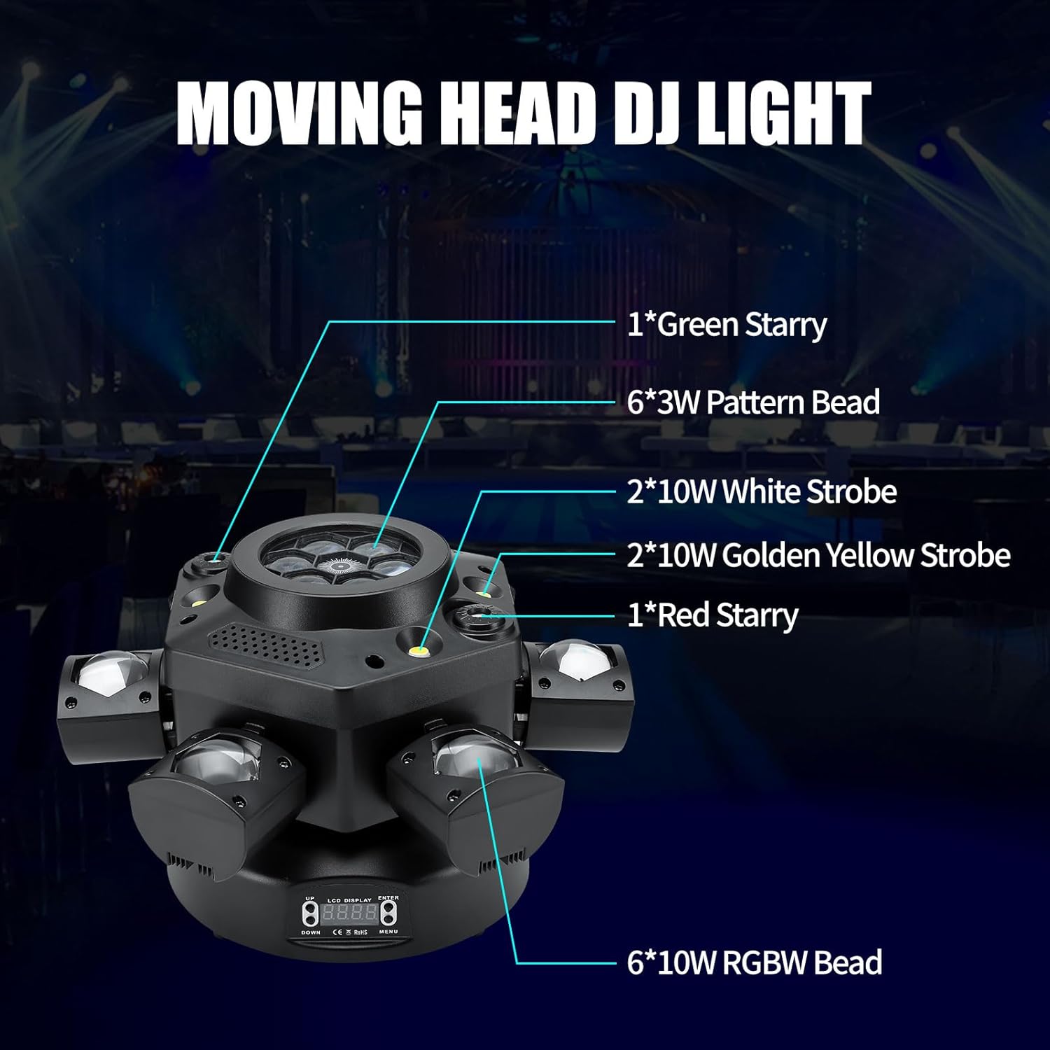 Moving Head DJ Light, 150W RGBW Party Light Remote DMX512 Control Sound Activated 6 Arms Stage Effect for DJ Stage Party Bar Disco Show Club Wedding