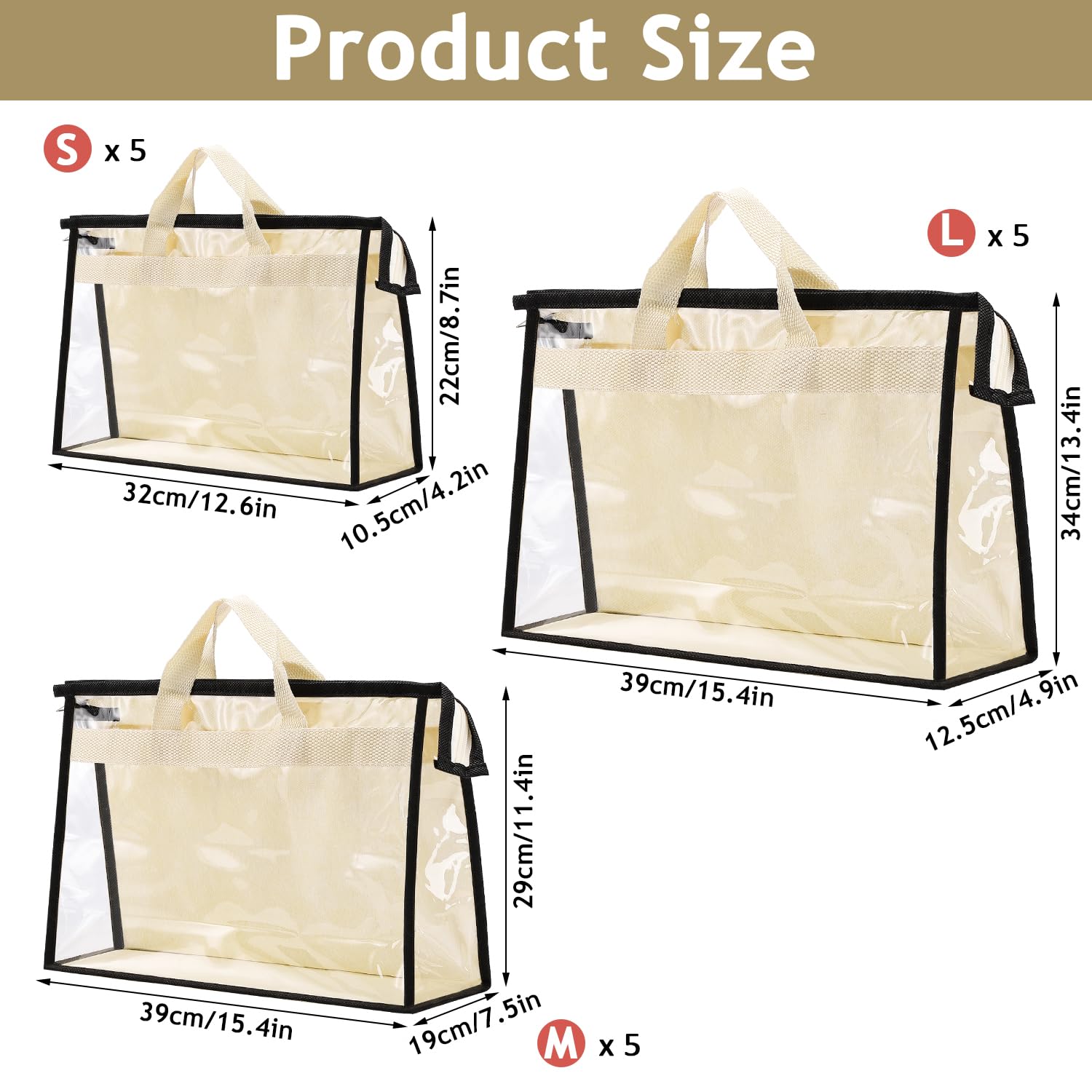 15 bolsas de polvo para bolsos, bolsa de almacenamiento protectora de bolso, organizador de armario colgante con asa de cremallera, organizador de almacenamiento transparente para armario, 3