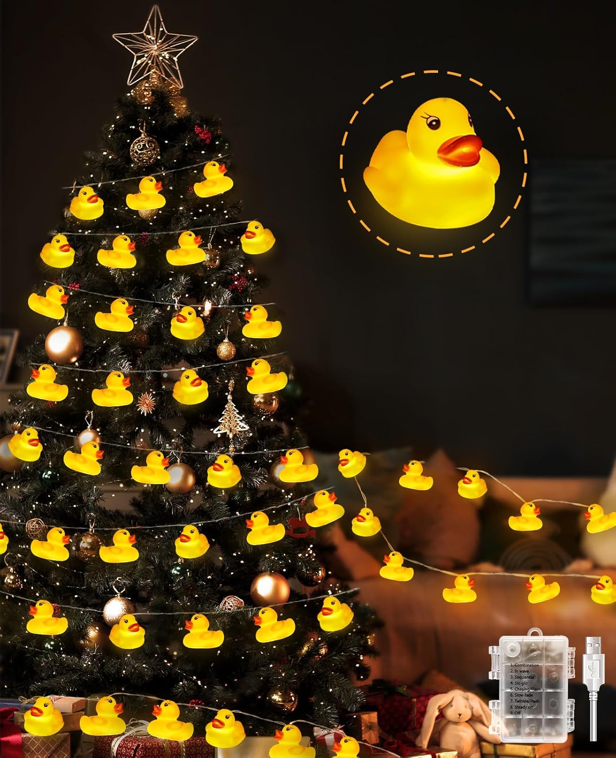 AceList 60 LED Rubber Ducks String Lights with USB & Waterproof Battery Box, Christmas Ducks, Unique Gifts for Jeep Ducks Lovers, Yellow Rubber Ducks for Party, Birthday, Christmas Decor