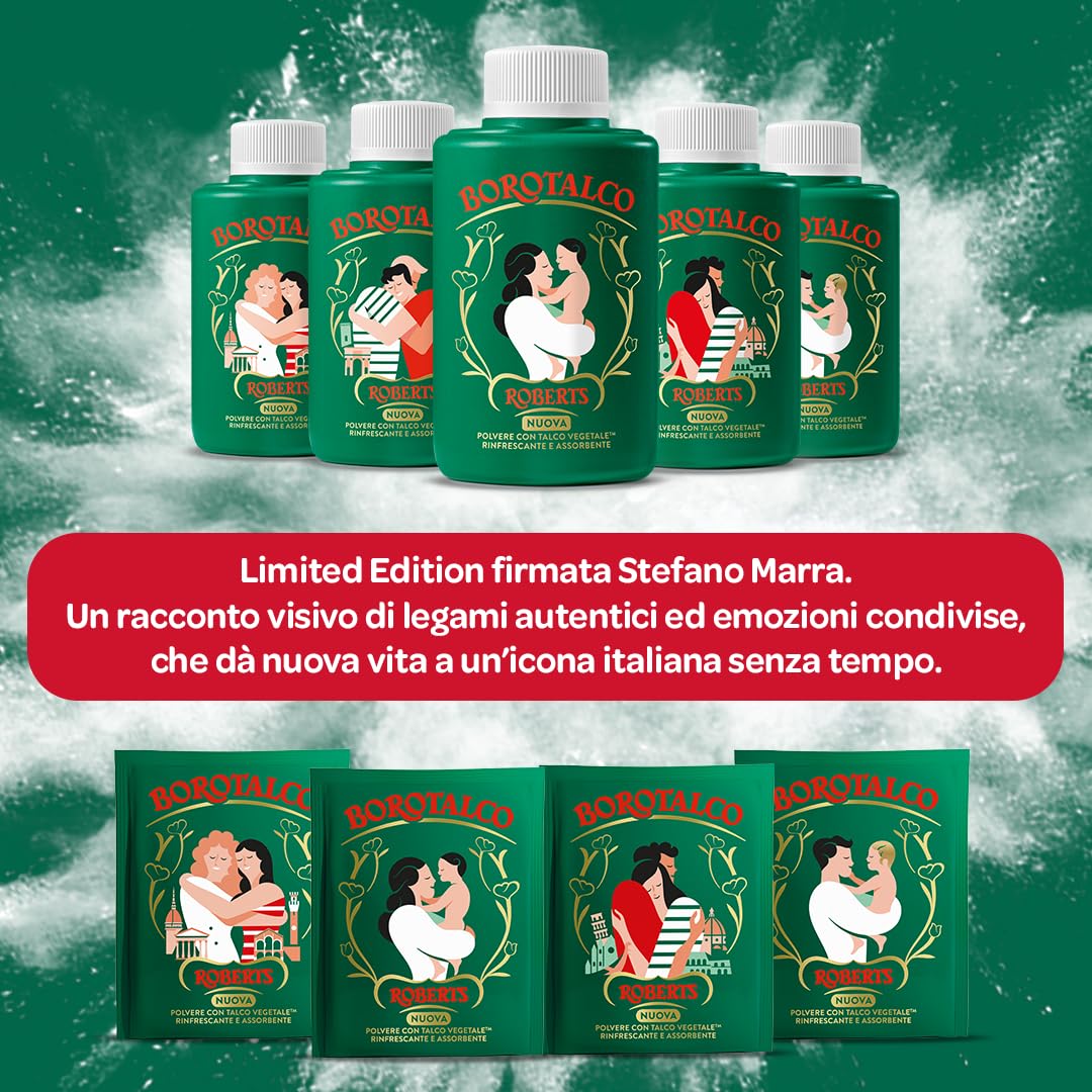 Borotalco, Polvere con Talco Vegetale, Azione Rinfrescante e Assorbente, per Pelli Sensibili, Formula 100% Vegetale, Profumo di Borotalco, Dermatologicamente Testato, Barattolo 70 g