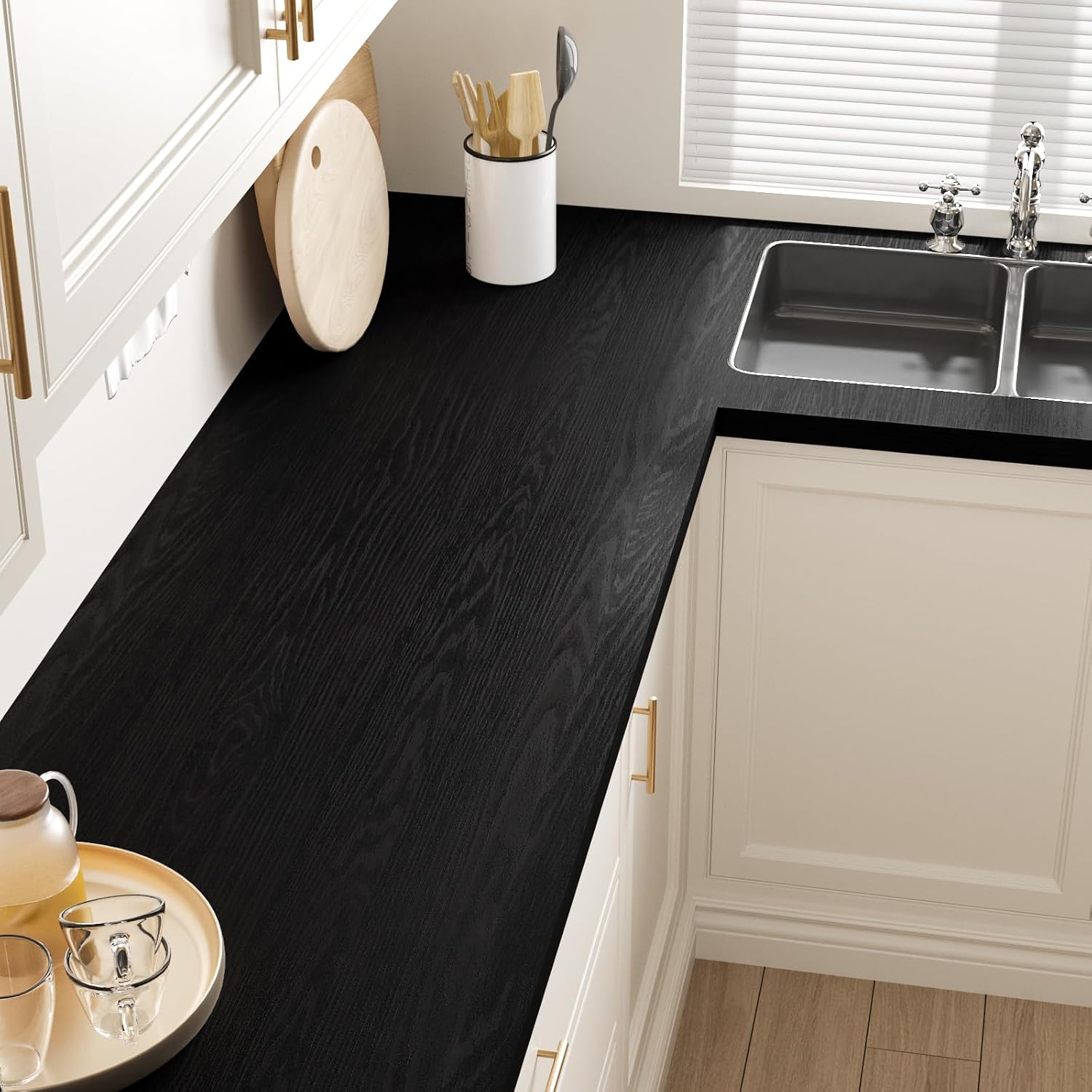Black Wood Contact Paper Peel and Stick 15.7"x118" Wood Grain Contact Paper for Countertops Kitchen Cabinet Waterproof Self Adhesive Removable Black Wallpaper for Bedroom Bathroom Vinyl Wrap