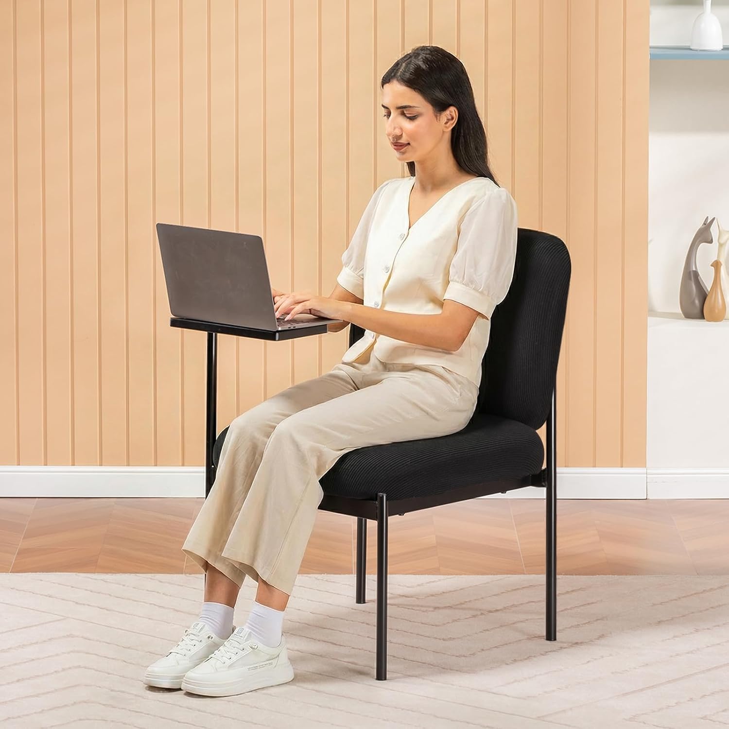 COMHOMA Accent Leisure Chair, Lounge Relaxing Chair with 180° Rotating Small Table, Modern Upholstered Chairs with Metal Legs for Living Room/Bedroom/Garden, Black