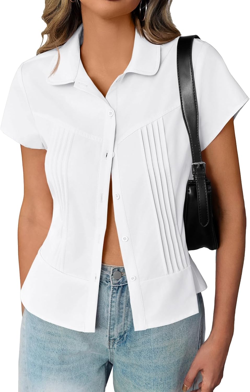 Cicy Bell Womens Short Sleeve Button Down Shirts Pleated Slim Fit Summer Dressy Casual Blouses White