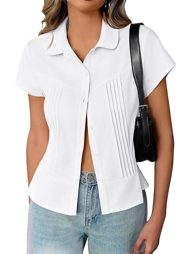 Cicy Bell Womens Short Sleeve Button Down Shirts Pleated Slim Fit Summer Dressy Casual Blouses (US, Alpha, Medium, Regular, Regular, White)