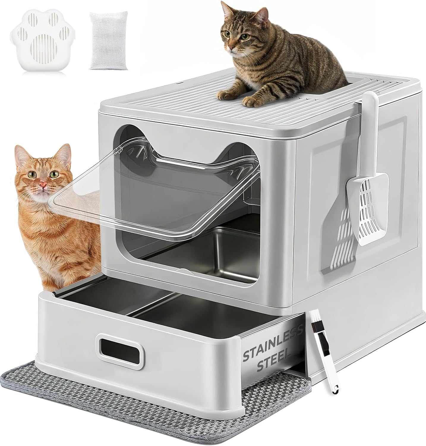 Stainless Steel Litter Box with Lid and Pull-Out Drawers, XL Metal Litter Box Top Entry for Big Cats, Leak-Proof Baffles for Easier Cleaning, with Litter Mat & Scoop