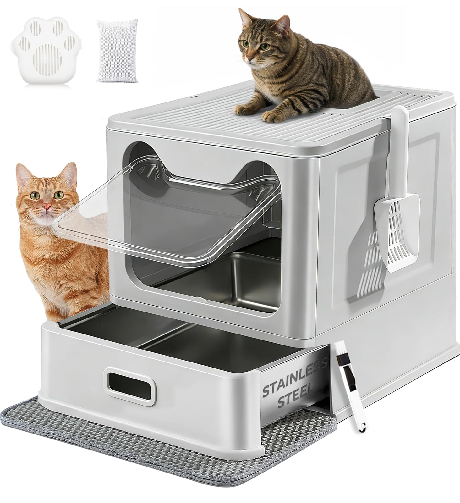 Stainless Steel Litter Box with Lid and Pull-Out Drawers, XL Metal Litter Box Top Entry for Big Cats, Leak-Proof Baffles for Easier Cleaning, with Litter Mat & Scoop
