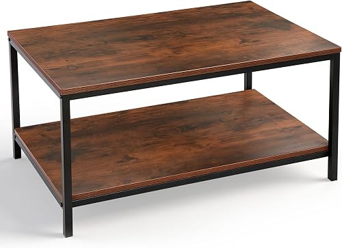 SUPER DEAL 2-Tier Industrial Coffee Table with Storage Shelf, 31.5 Inch Rustic Brown Wood and Metal Frame SUPER DEAL 2-Tier Industrial Coffee Table with Storage Shelf, 31.5 Inch Rustic Brown Wood and Metal Frame