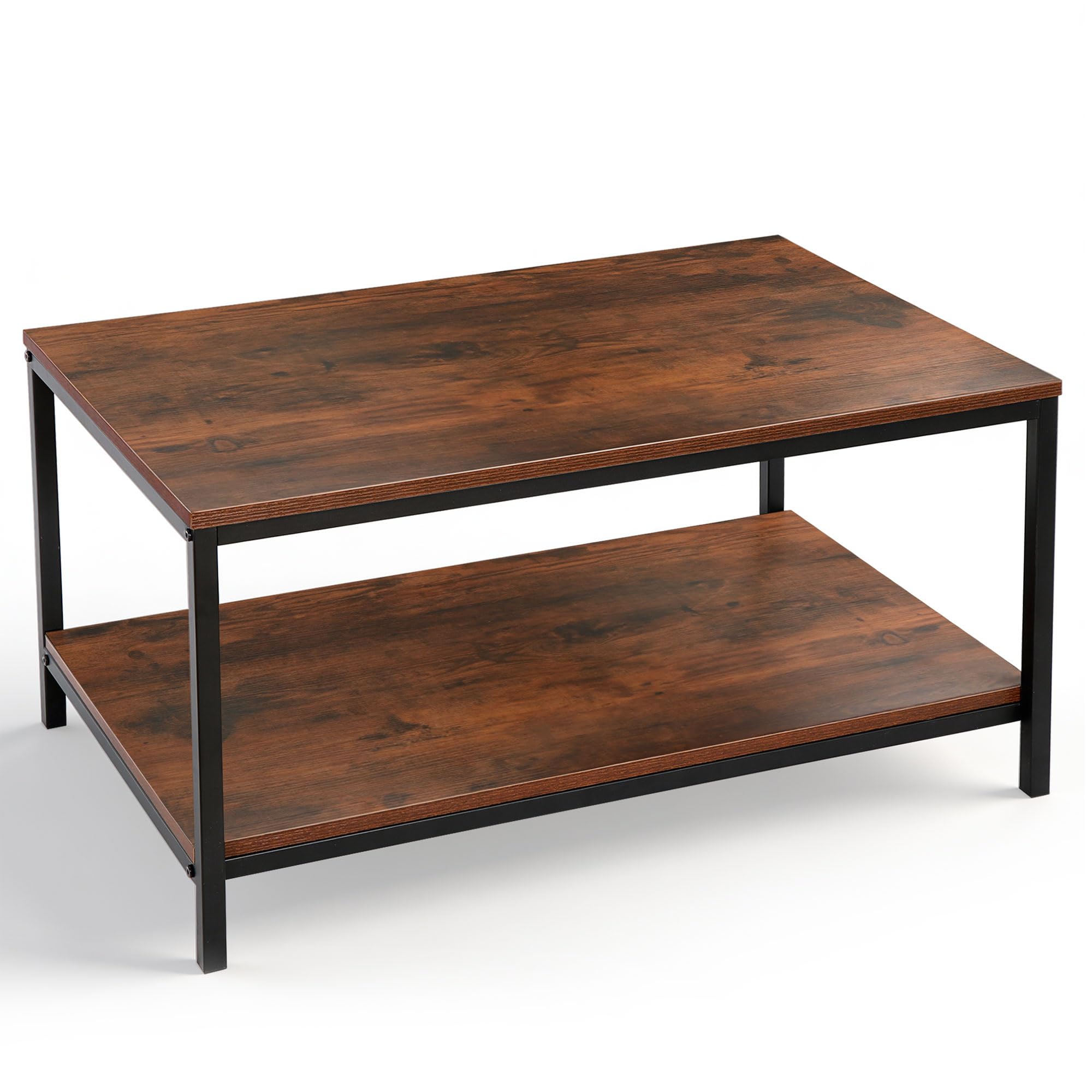 SUPER DEAL 2-Tier Industrial Coffee Table with Storage Shelf for Small Apartment Living Room Rectangle Wood and Stable