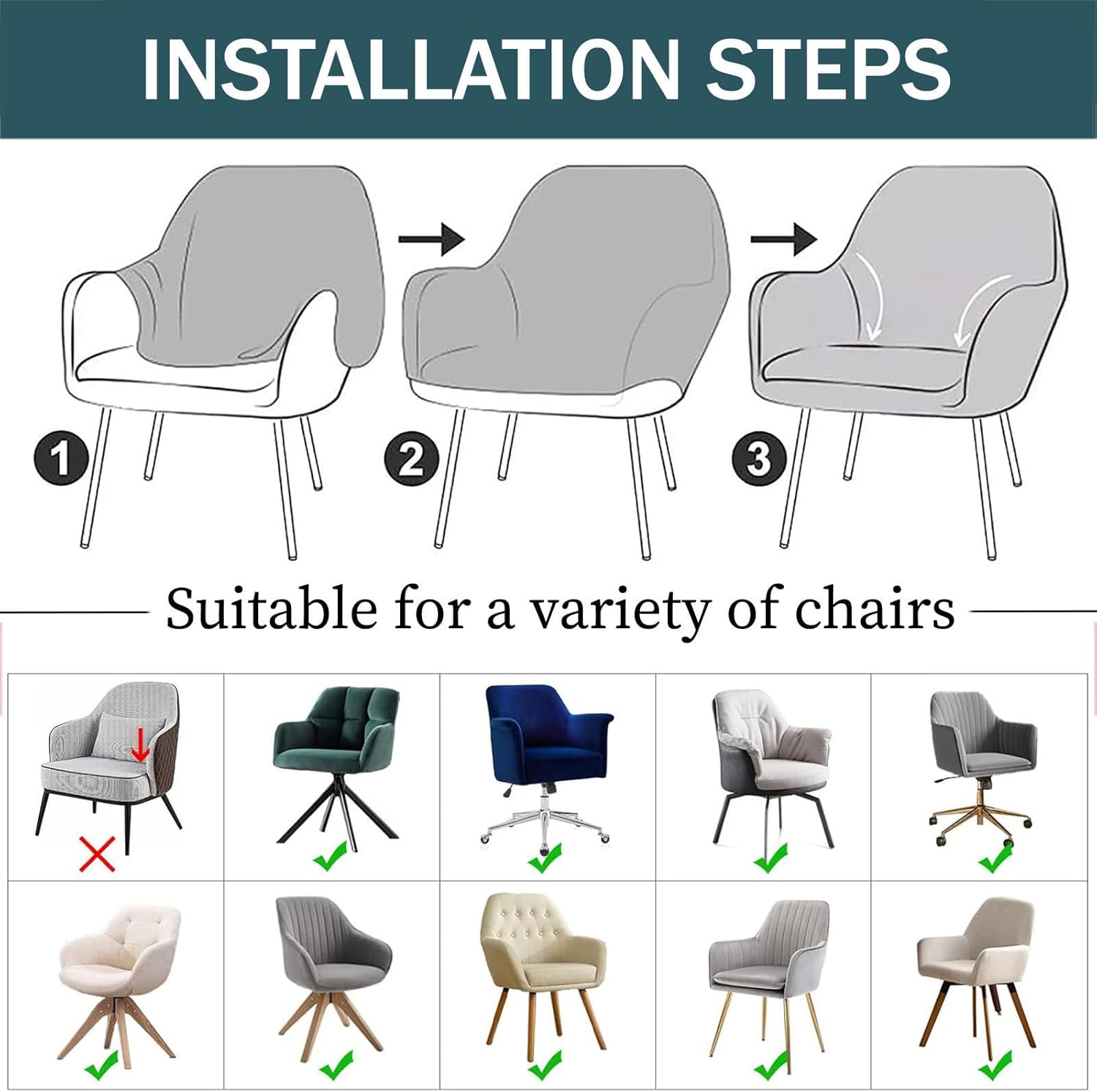 Curved Back Dining Chair Covers with Arms Set of 4, Checkered Swivel Chair Covers Reusable Modern Accent Vanity Chair Slipcover with Armrest for Dining Room Office-Turquoise Blue-4 Pack