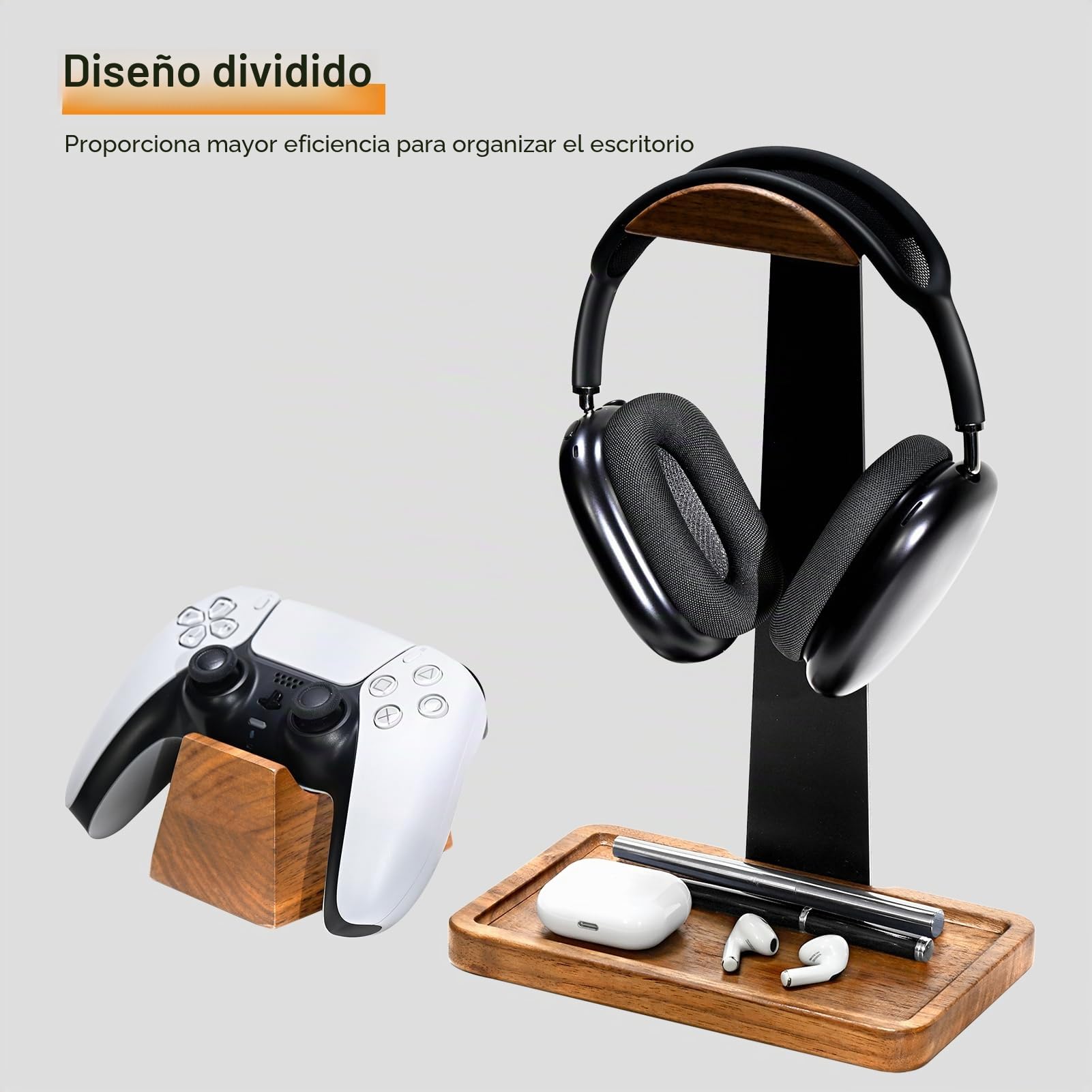 Soporte para auriculares y controlador de madera de nogal, soporte de auriculares de madera, organizador de almacenamiento de escritorio, accesorios de escritorio universales compatibles con