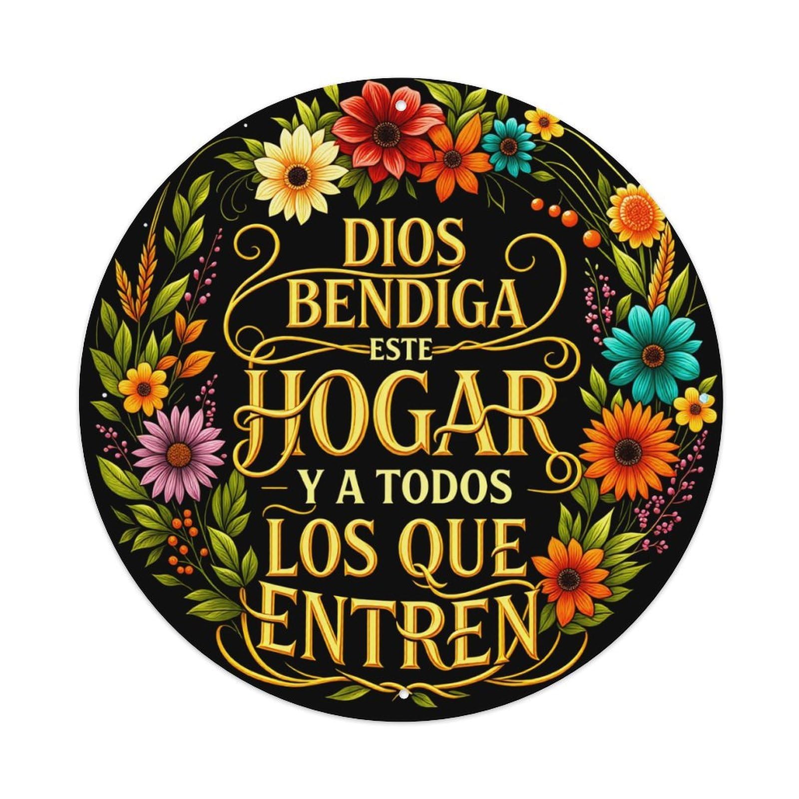Floral Wreath With Gold Text And Colorful Flowers Round Vintage Tin Sign,Retro Wall Art,Metal Poster for Home, Bar, Garage, Cafe, Rustic Indoor & Outdoor Decor, 8x8 Inches